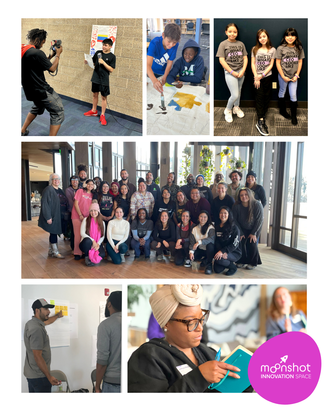 Collage of six photos showing diverse groups of people engaged in various activities: a boy speaking into a microphone with a cameraman filming him, two boys drawing or painting together, three girls standing with arms crossed, a large group of people posing indoors, two men talking in front of a whiteboard, and a woman writing in a notebook with a logo that reads 'moonshot INNOVATION SPACE' in the corner.
