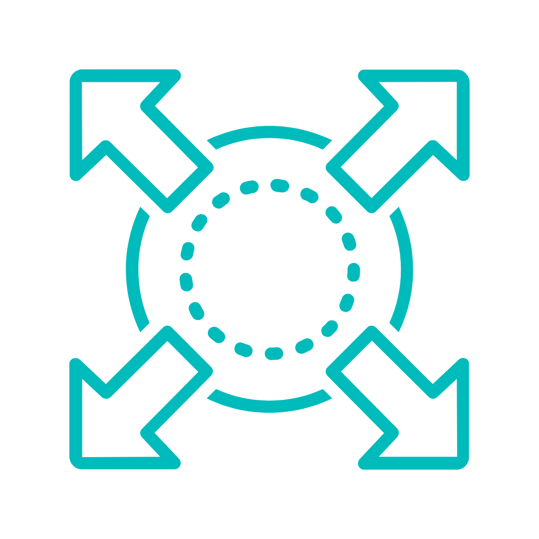 Diagram of four arrows pointing outward from a central circle, indicating expansion or distribution.