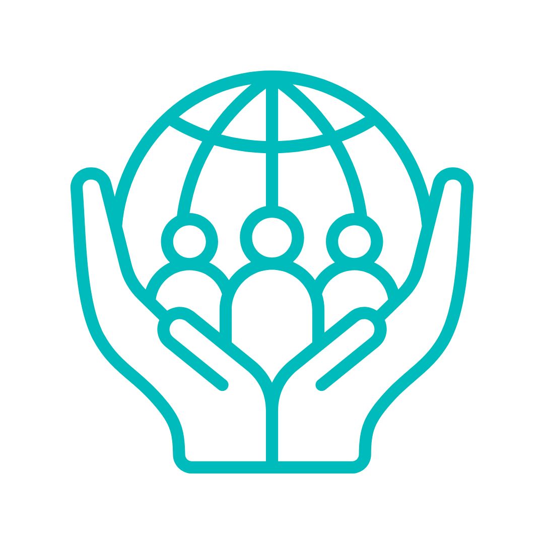 Line drawing of a pair of hands holding a globe with three people inside.