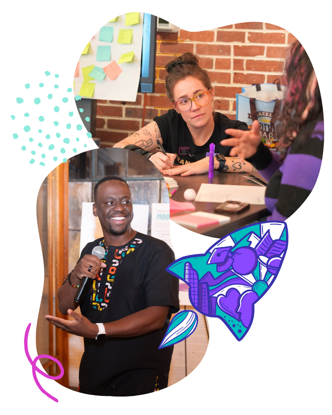 Two people engaged in a conversation indoors with a brick wall. One woman is sitting at a table, writing or drawing and listening intently. The other person, a man, is standing with a microphone and smiling. Colorful doodles and abstract designs are overlaid on the image.