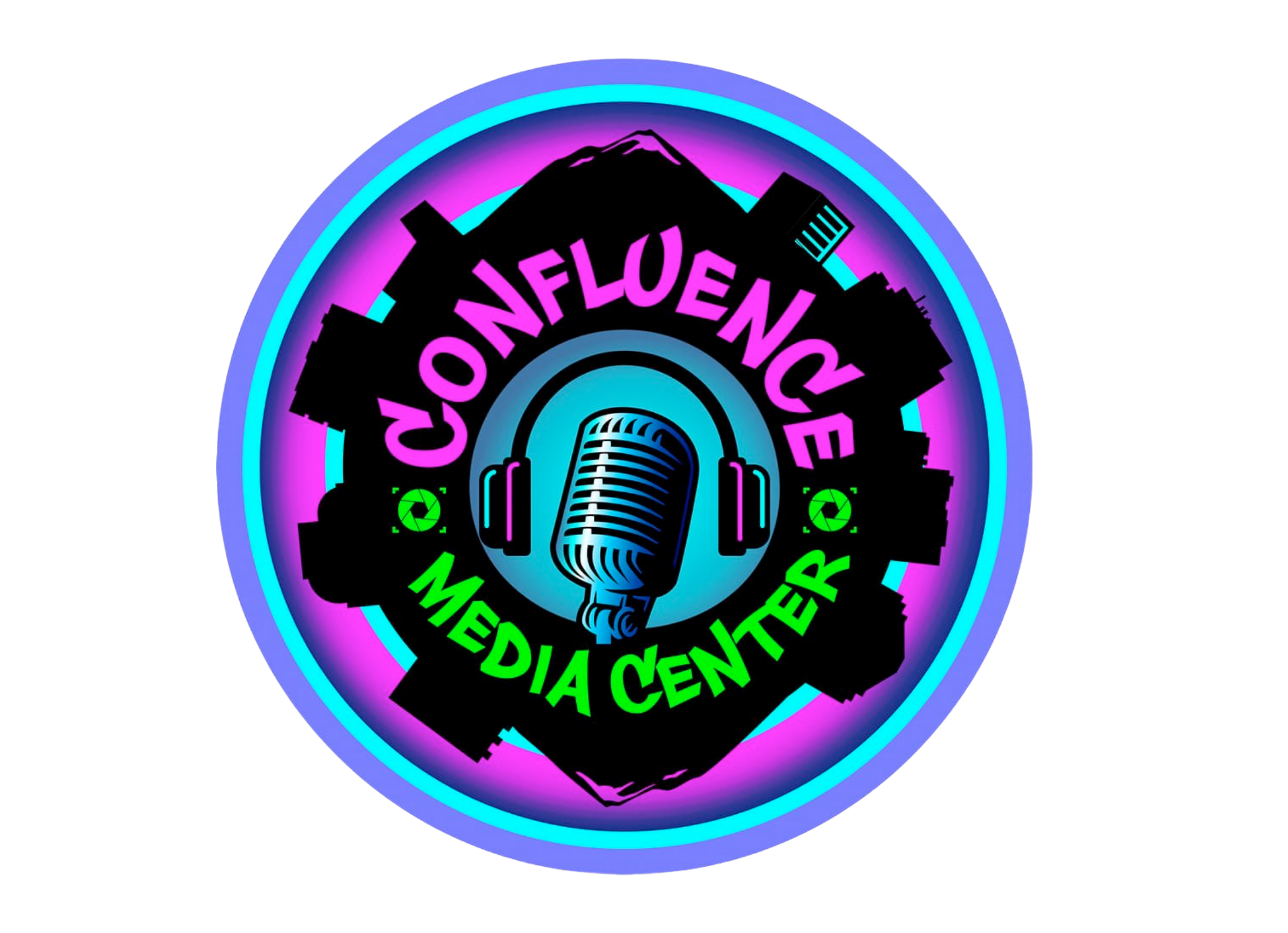 Logo for Confidence Media Center with a circular design, featuring a microphone, headphones, and neon pink and green lettering