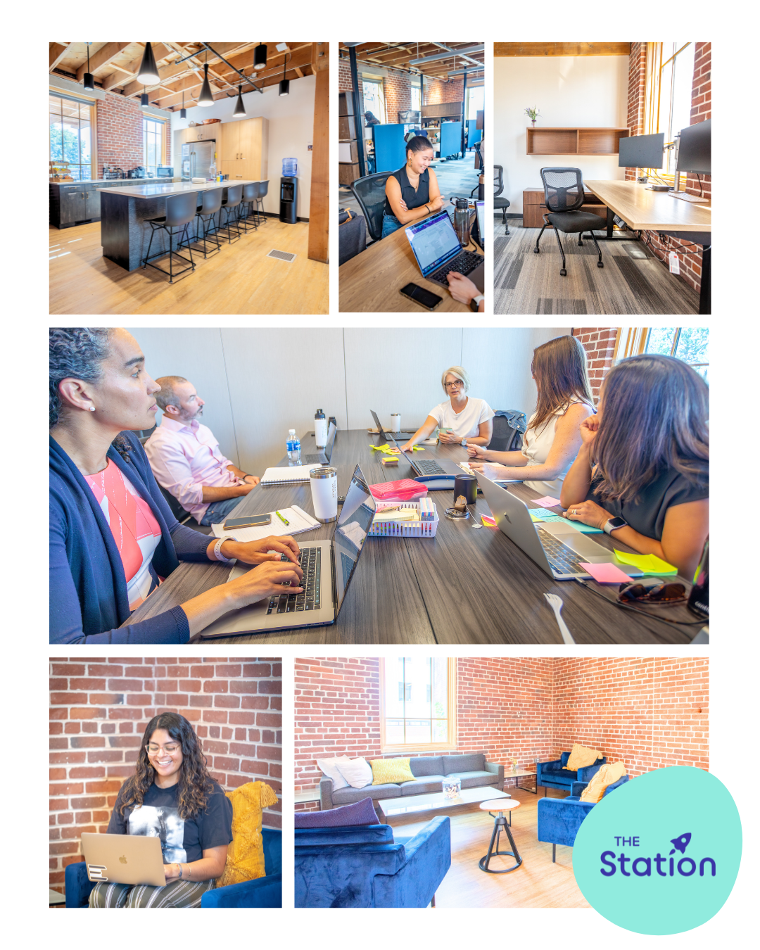 Collage of images showing a modern coworking space with open office areas, women working and collaborating, a lounge area with couches and a young woman using a laptop, and a logo for "The Station" in the bottom right corner.