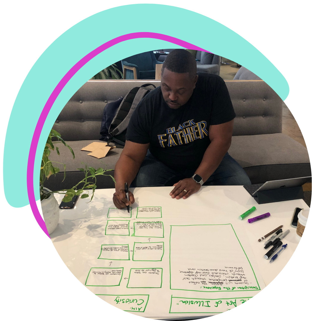 A man is sitting at a table, writing on a large sheet of paper with a black marker. The paper contains bullet points and a layout for a project or presentation. There are markers, a coffee cup, a cellphone, and a tablet on the table. The man is wearing a black t-shirt with the words 'BLACK FATHER' on it, and a smartwatch. Behind him, there are couches and a backpack in a casual, indoor setting.