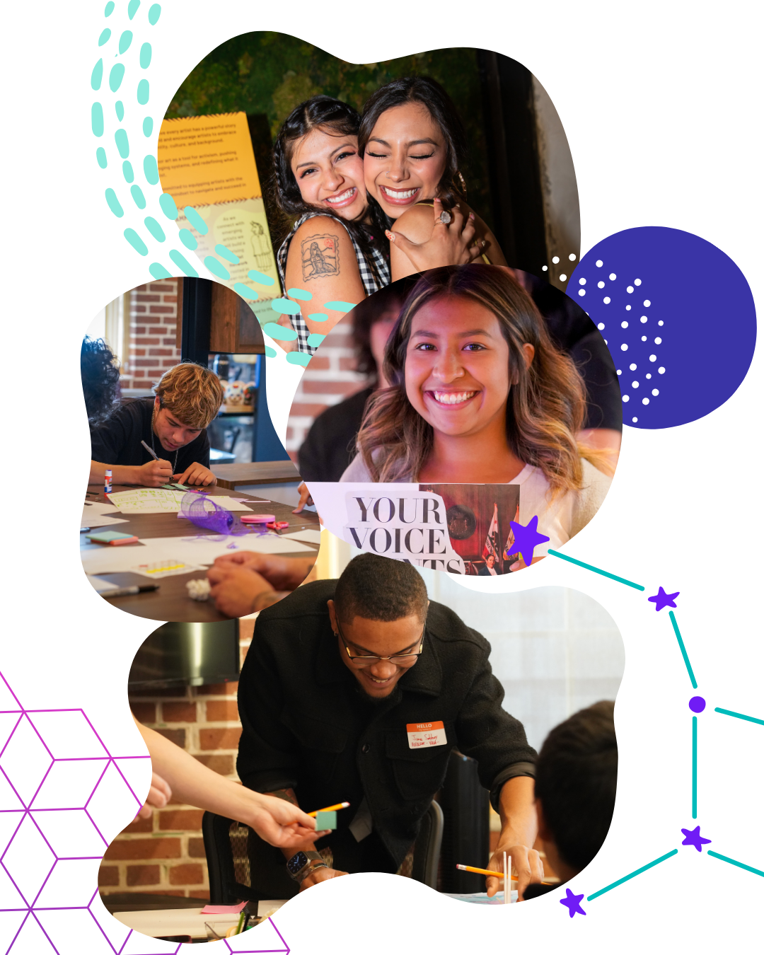 Group of people smiling and engaging in different activities in a social or community setting.