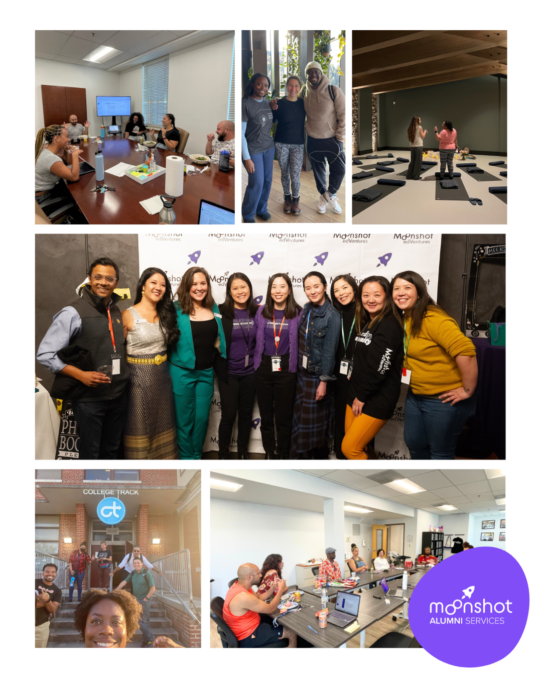 Collage of five images showing diverse groups of people at professional and social events, including meetings, group photos, campus, and indoor gathering, with a logo reading 'Moonshot Alumni Services'.