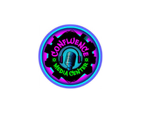 Logo for Confidence Media Center with a circular design, featuring a microphone and neon colors.