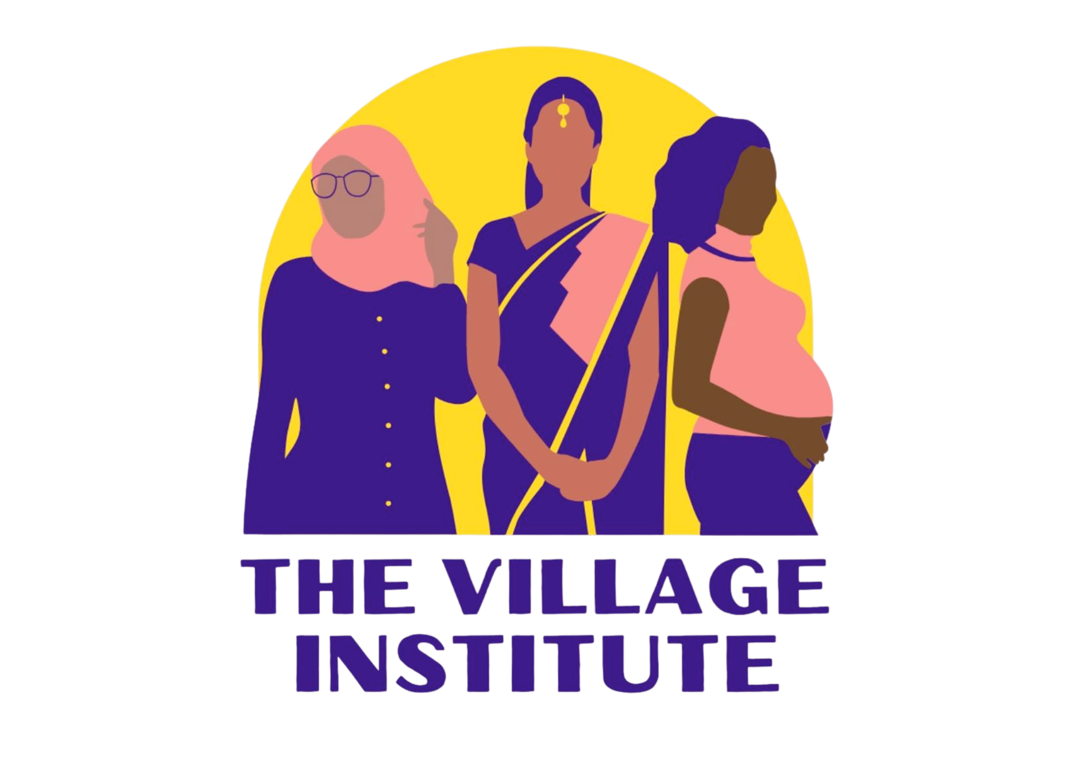 Logo for The Village Institute featuring three women standing together, with purple and yellow colors.