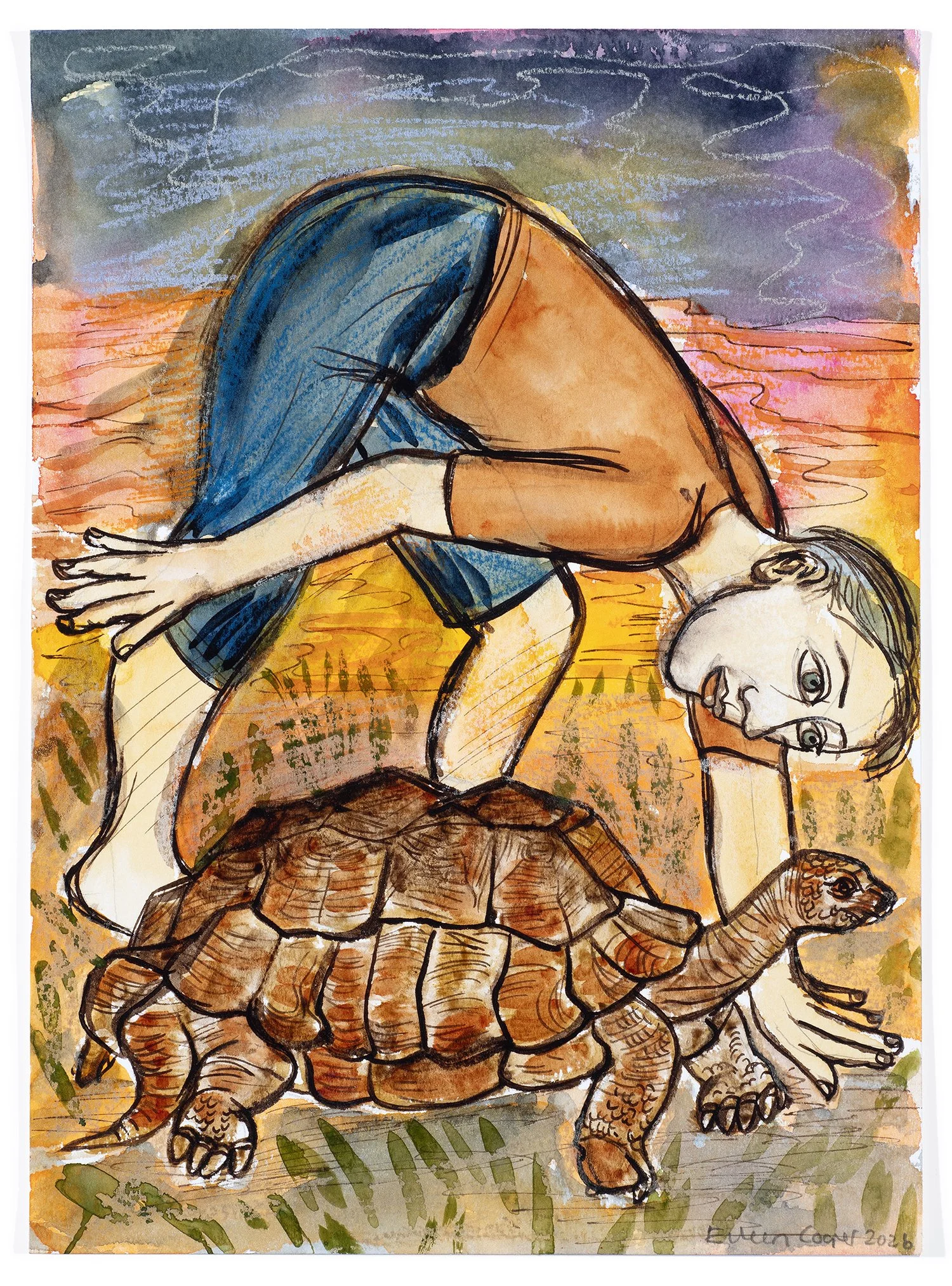 Eileen-Cooper-RA-The-Boy-and-the-tortoise-2026-ink-pastel-watercolour-Oliver-Projects-Gallery-web.jpg