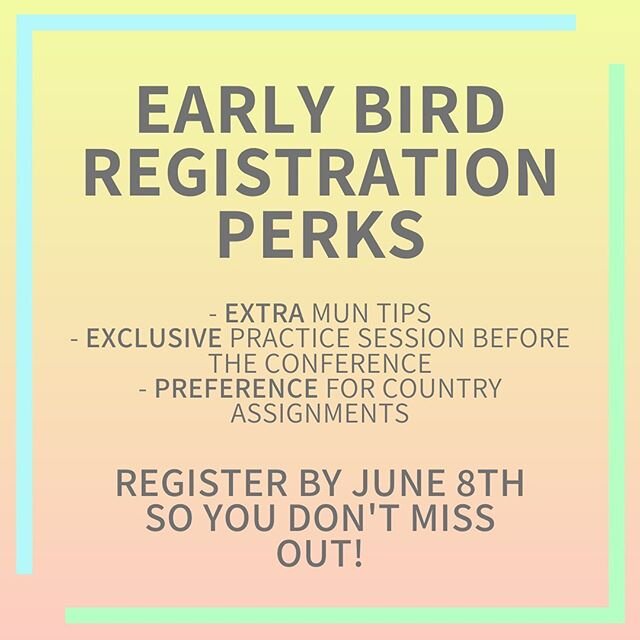 SICMUN Online is introducing Early Bird Registration! If you sign up by the 8th of June, you will receive some bonuses, like the ability to put in a preference for your country assignment, extra MUN tips and an exclusive practice session before the c