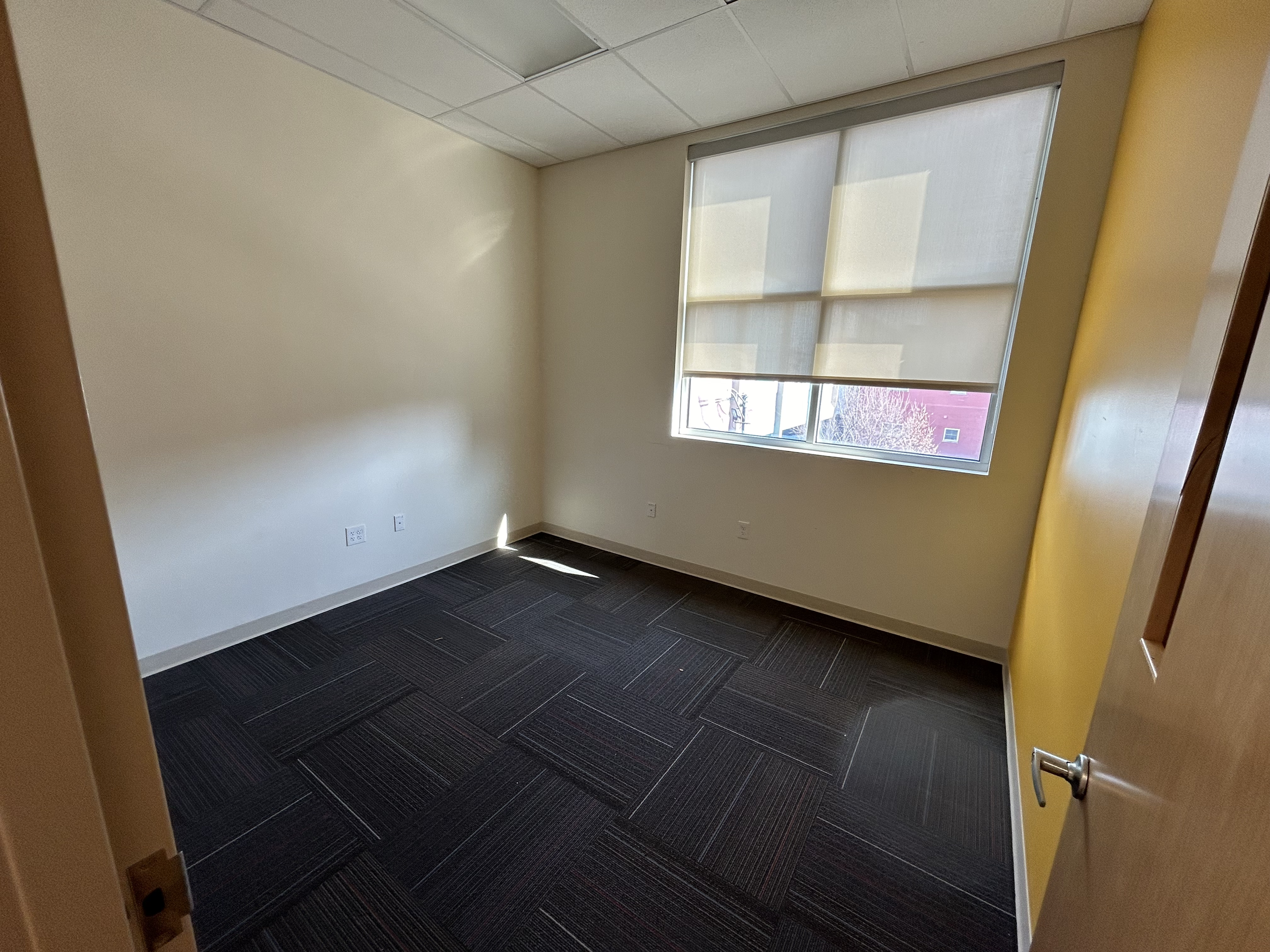 Empty office room with a large window covered by blinds and dark carpeted flooring.
