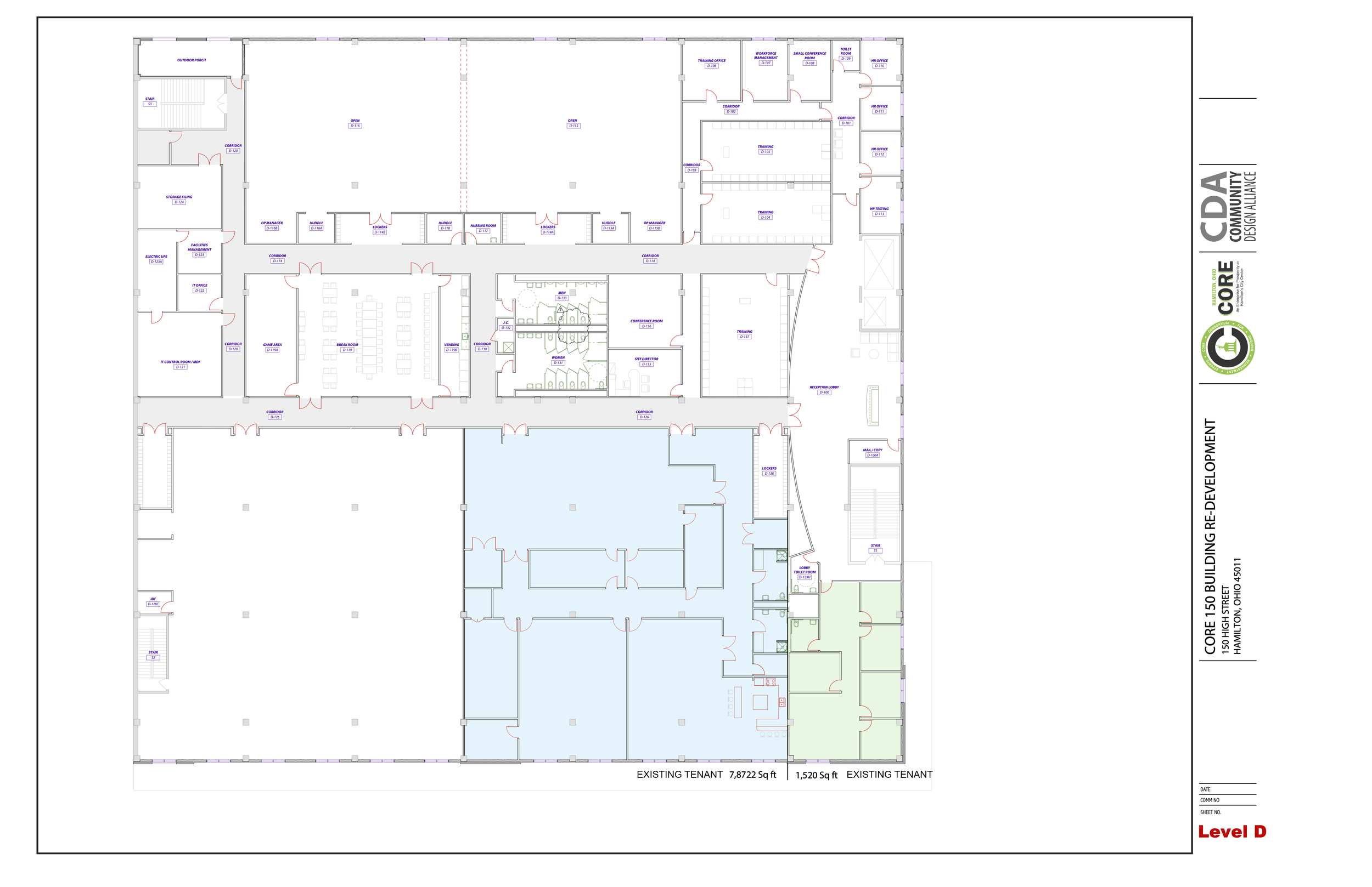 Floor plan of a building with various rooms, corridors, and designated areas, including conference rooms, offices, and other facilities, labeled with room names and measurements.