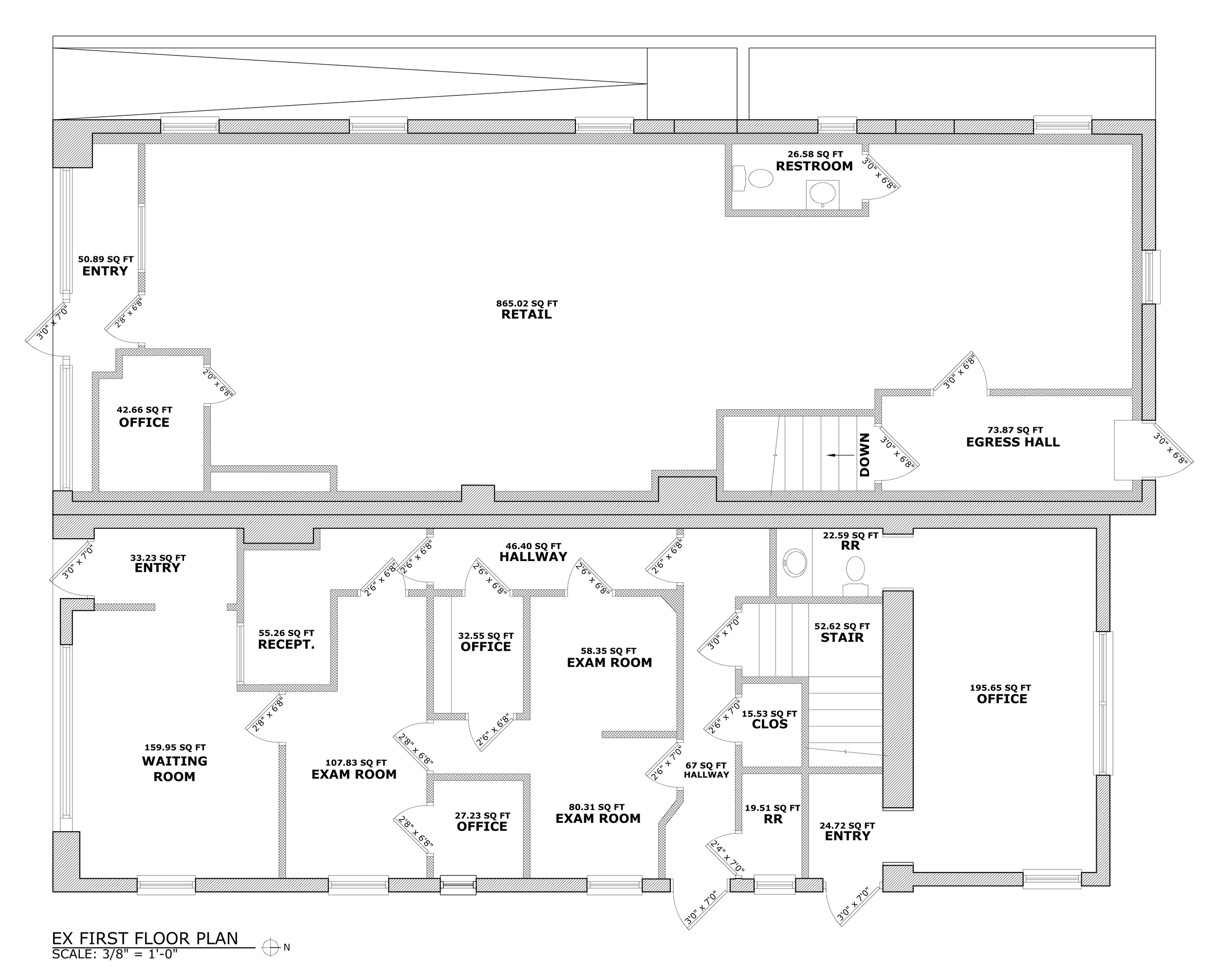 First floor architectural blueprint of a commercial building, including labeled rooms such as retail, offices, exam rooms, waiting room, restrooms, hallways, storage, and entry points with dimensions.
