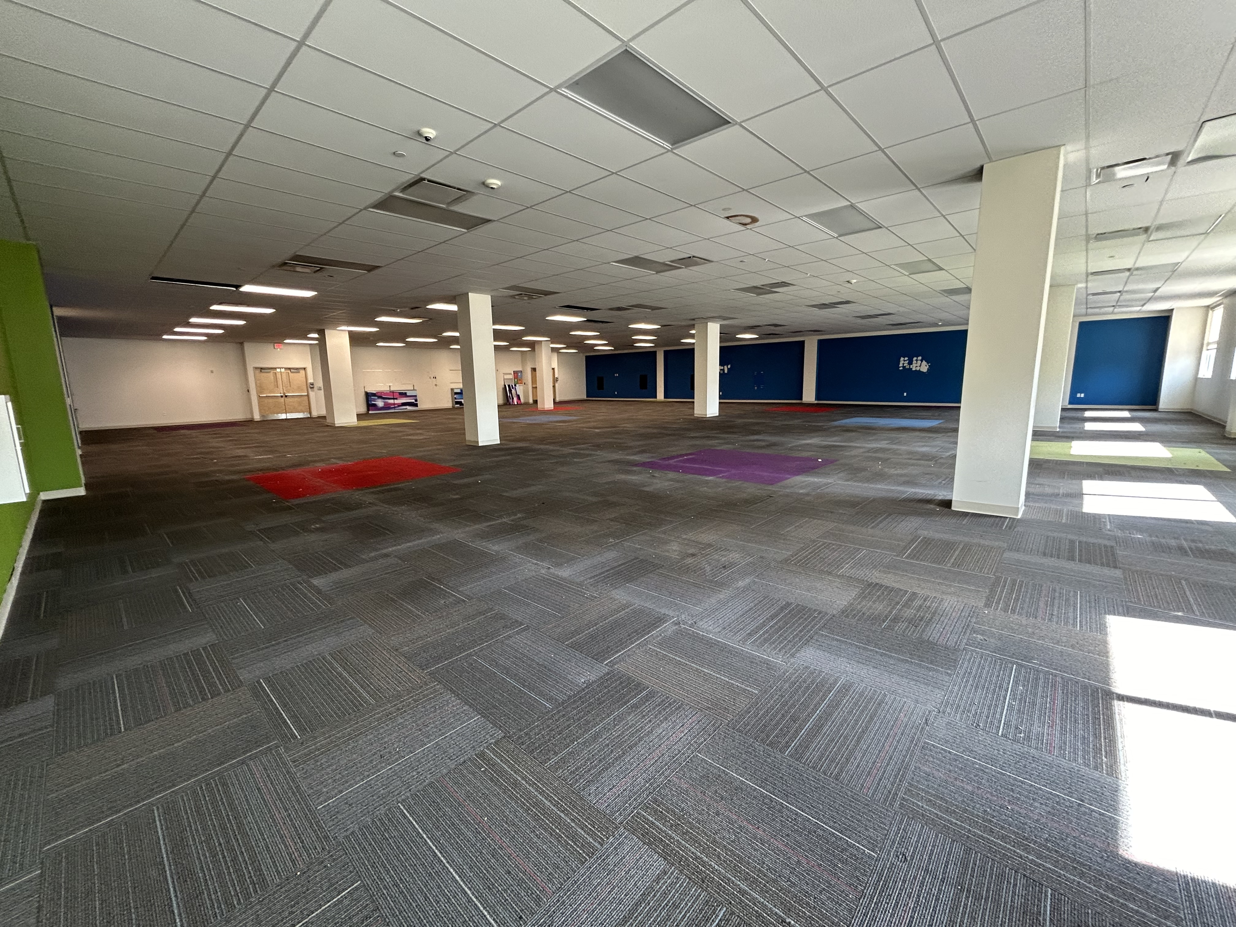 Empty office or commercial space with colorful carpet tiles, white ceiling tiles with fluorescent lighting, and blue and green accent walls. Natural light coming through windows on the right side.