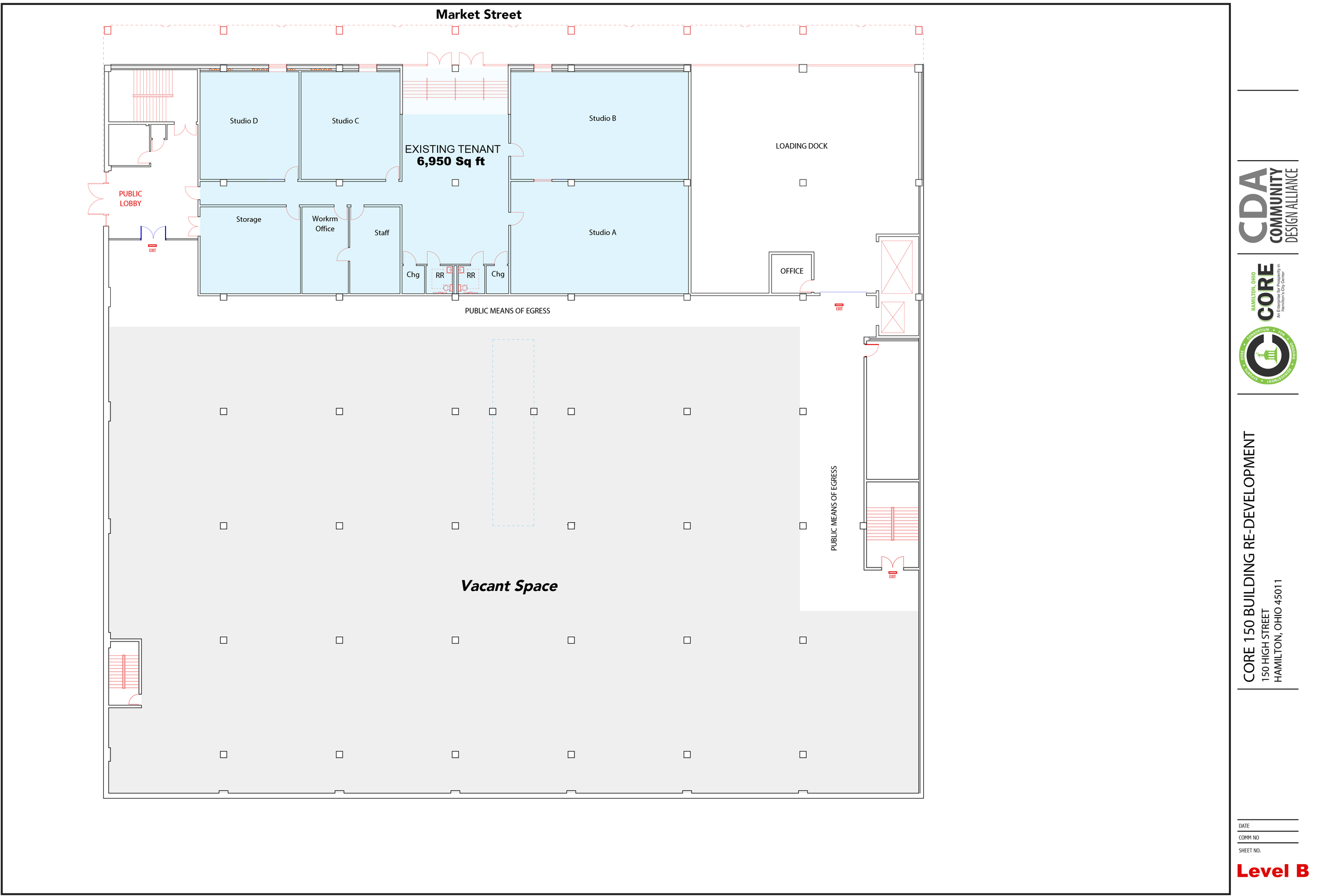 Floor plan of a commercial building showing a large vacant space, multiple studios labeled A through D, an existing tenant area, offices, storage, staff rooms, and public egress areas. The blueprint is titled 'Level B' and includes parking access and street names.
