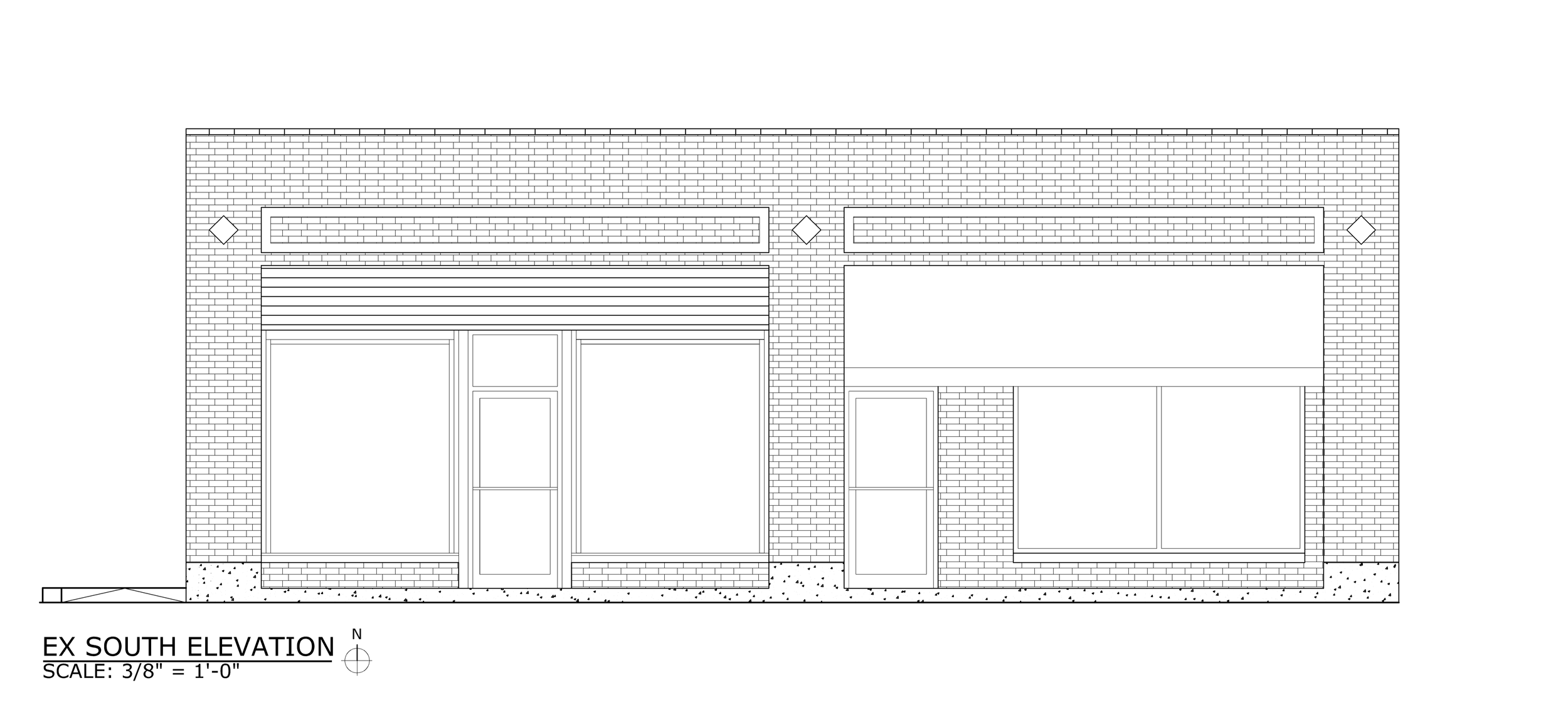 Architectural drawing of the south elevation of a building with brick exterior, windows, doors, and decorative diamond accents, with a scale of 3/8 inch to 1 foot.