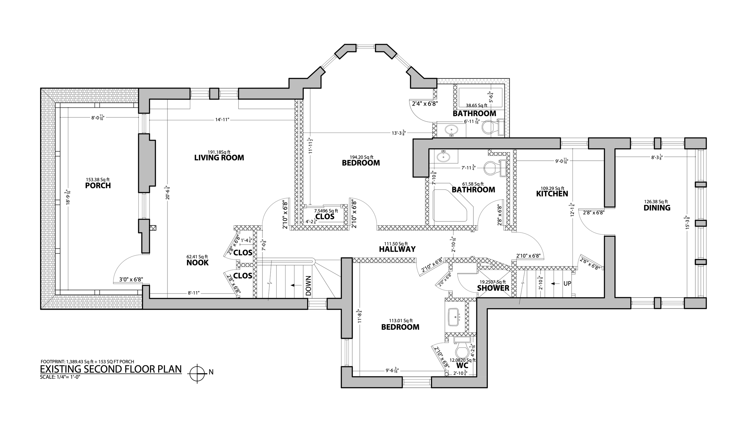 Second floor plan of a house showing rooms labeled Porch, Living Room, Nook, Closet, Bedroom, Hallway, Bathroom, Kitchen, Dining, Shower, and WC, with dimensions and layout details.