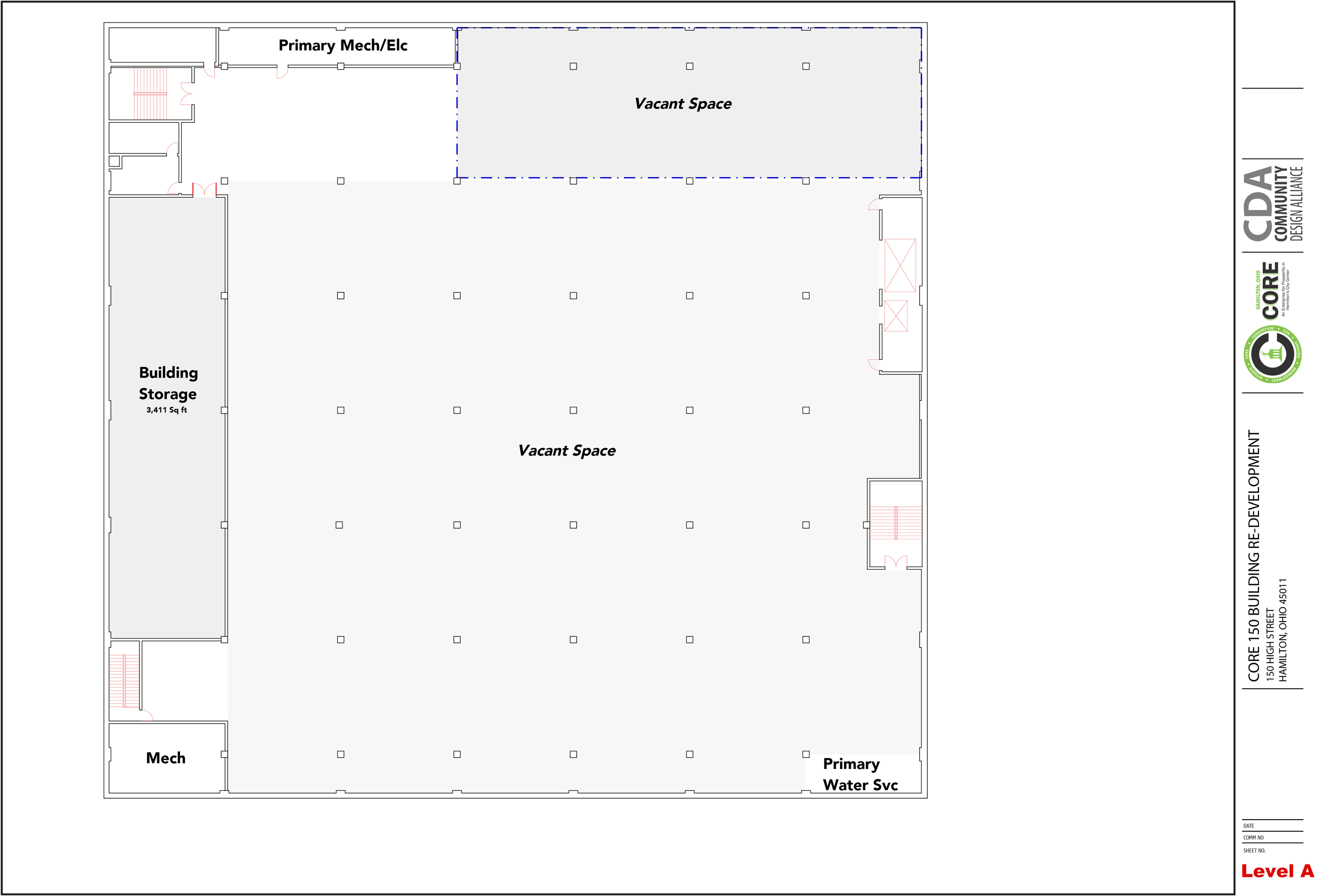 Floor plan of a building with labeled areas including primary mechanical/electrical, building storage, mechanical room, primary water service, two vacant spaces, and stairwells, with a company logo on the right side.