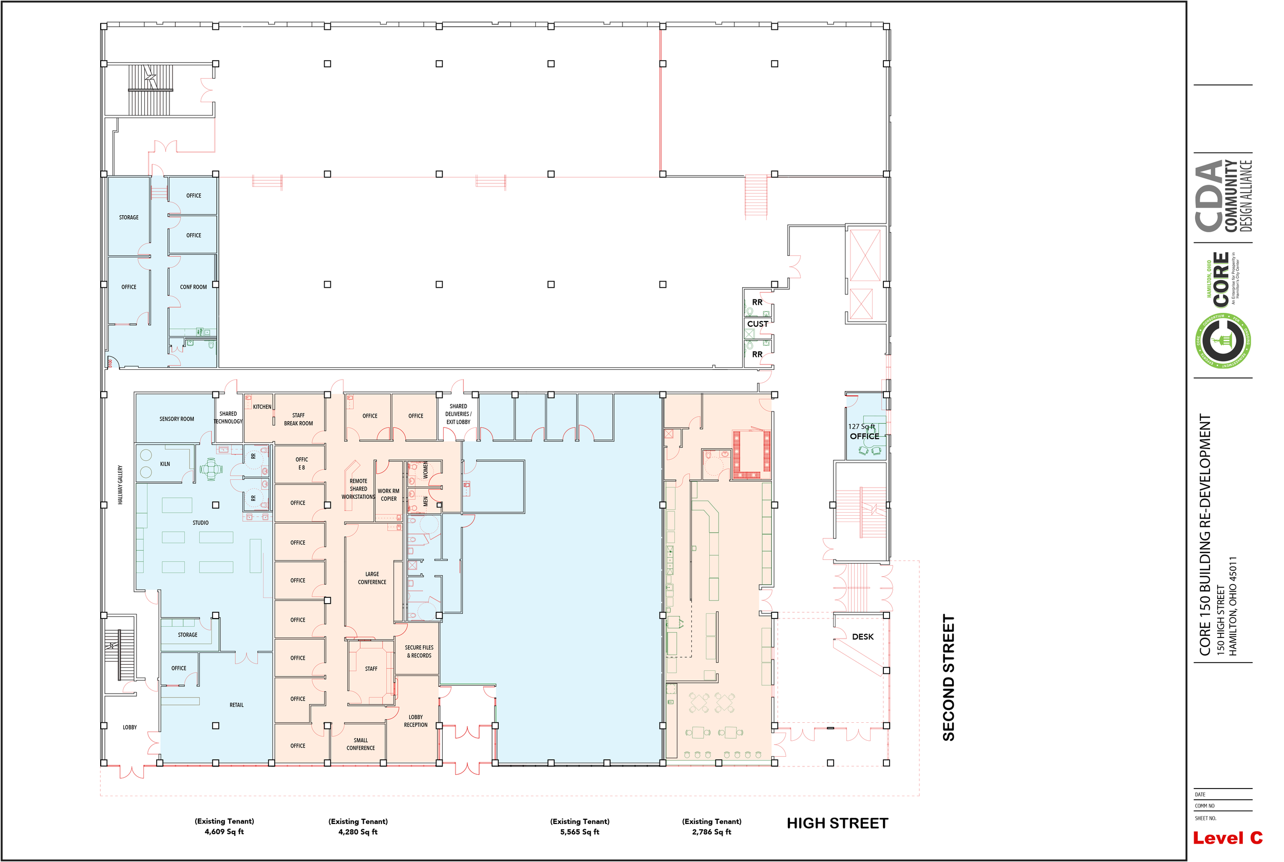 Architectural floor plan of a commercial building, showing rooms, offices, conference rooms, storage, lobby, and public areas, with streets labeled 'High Street' and 'Second Street'.