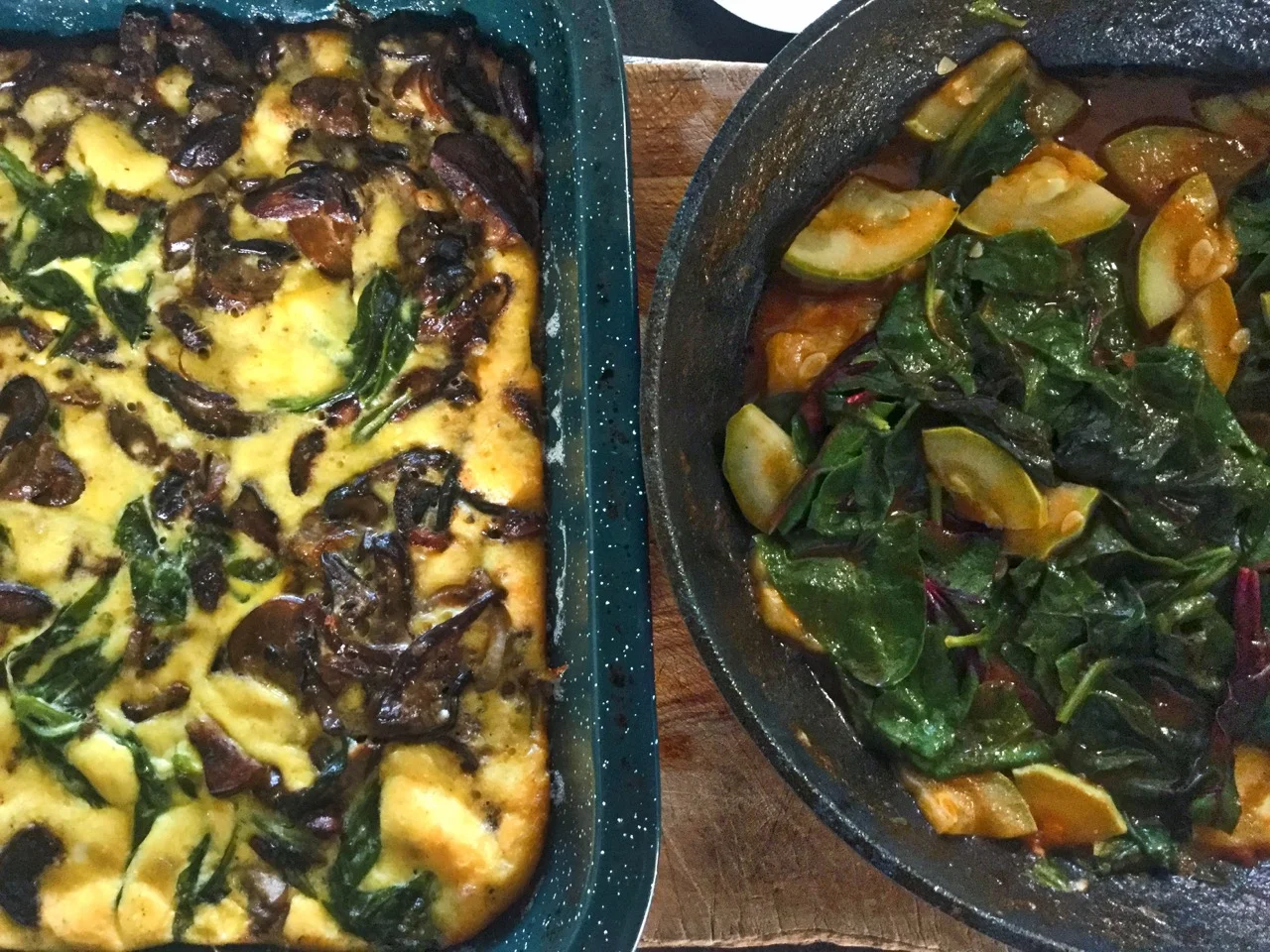 Cep, onion & spinach frittata along with tomato, courgette, chard & spinach