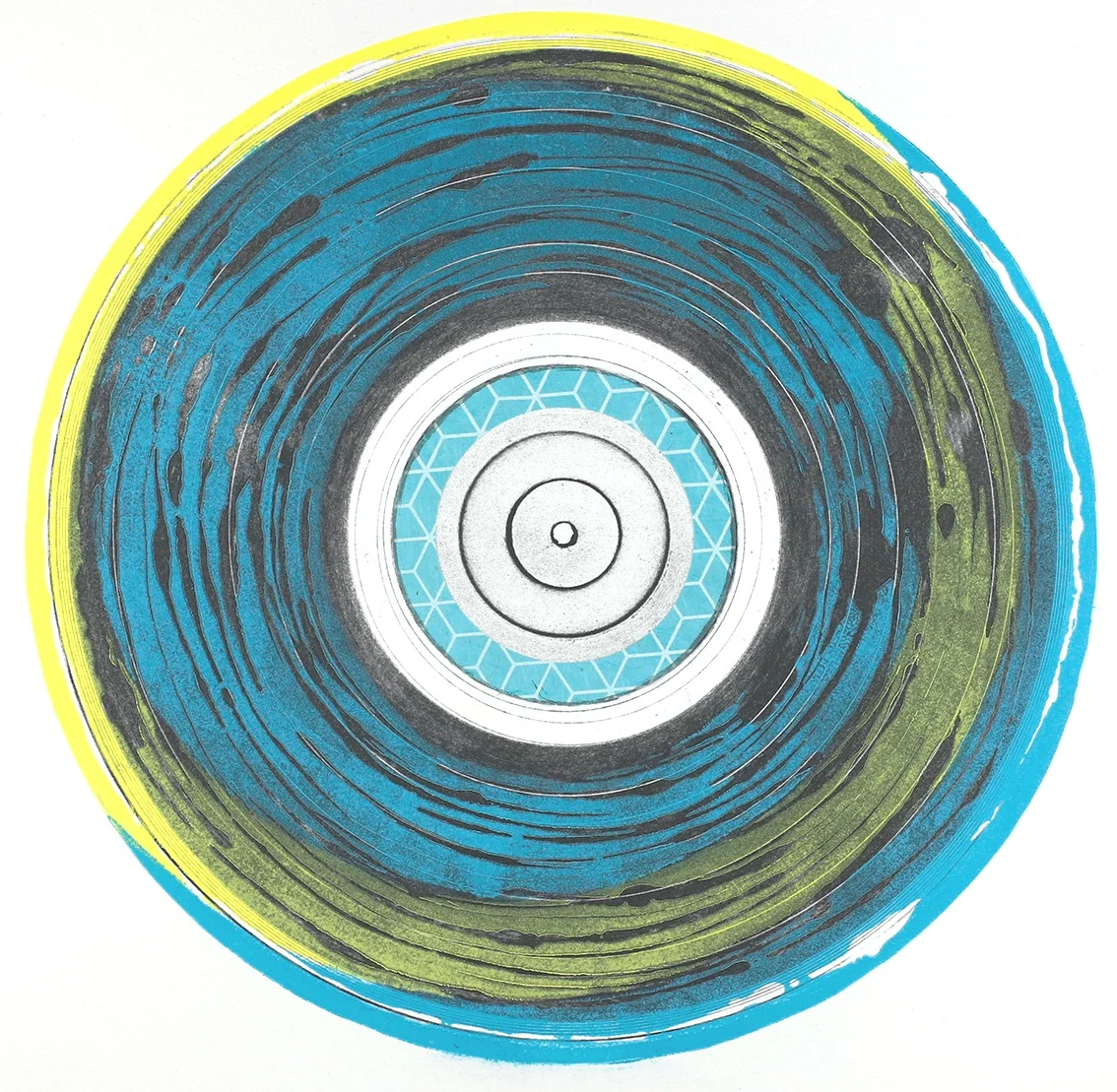 Listening to the sound III, photopolymer etching and chine collé