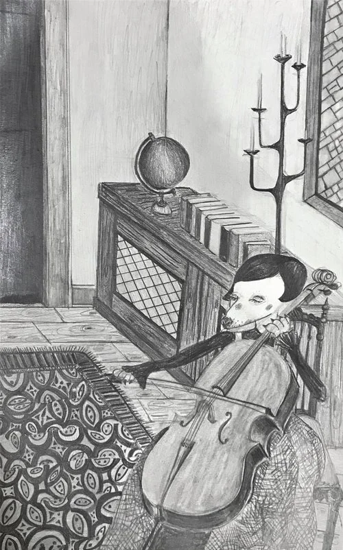 Hedy practices the cello - 11"x16" pencil on paper - SOLD