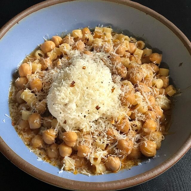 Pasta con ceci is one of my &ldquo;I cannot deal with the coop/grocery store&rdquo; meals because I almost always have all the ingredients on hand. Somehow today, I had no tomato paste, so I used some mystery tomato product from the freezer. Readers,