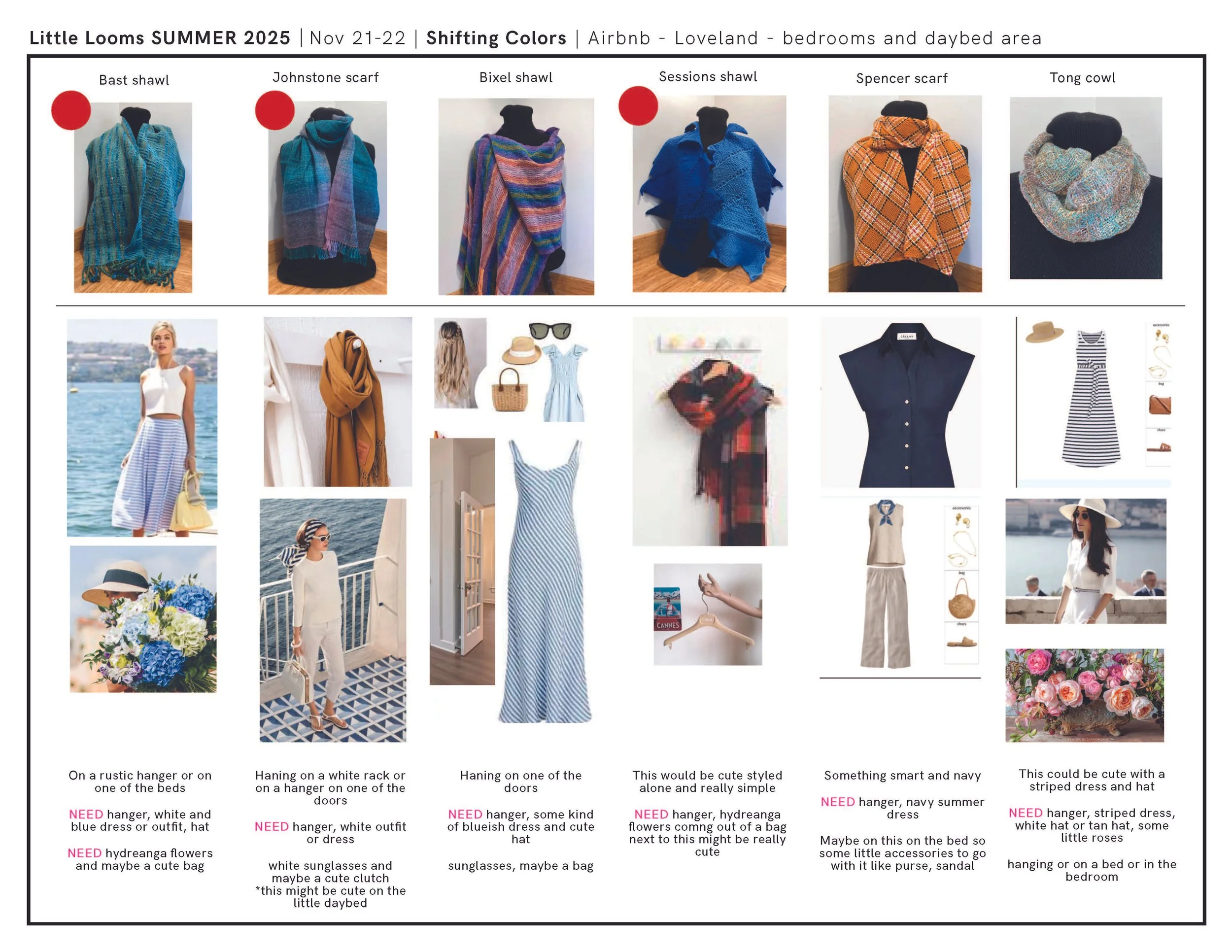 Projects and prop list for summer 2025 photo shoot