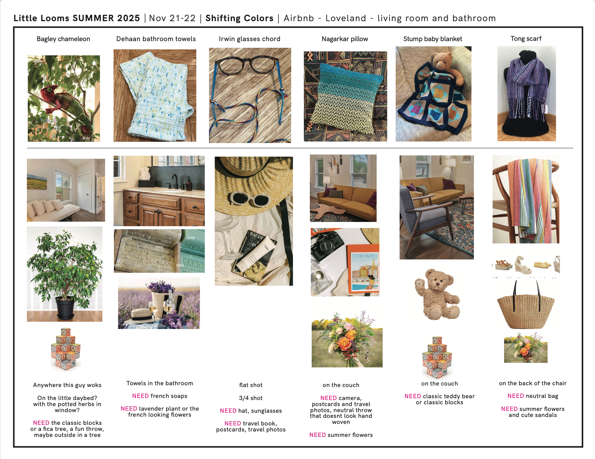 Projects and prop list for summer 2025 photo shoot