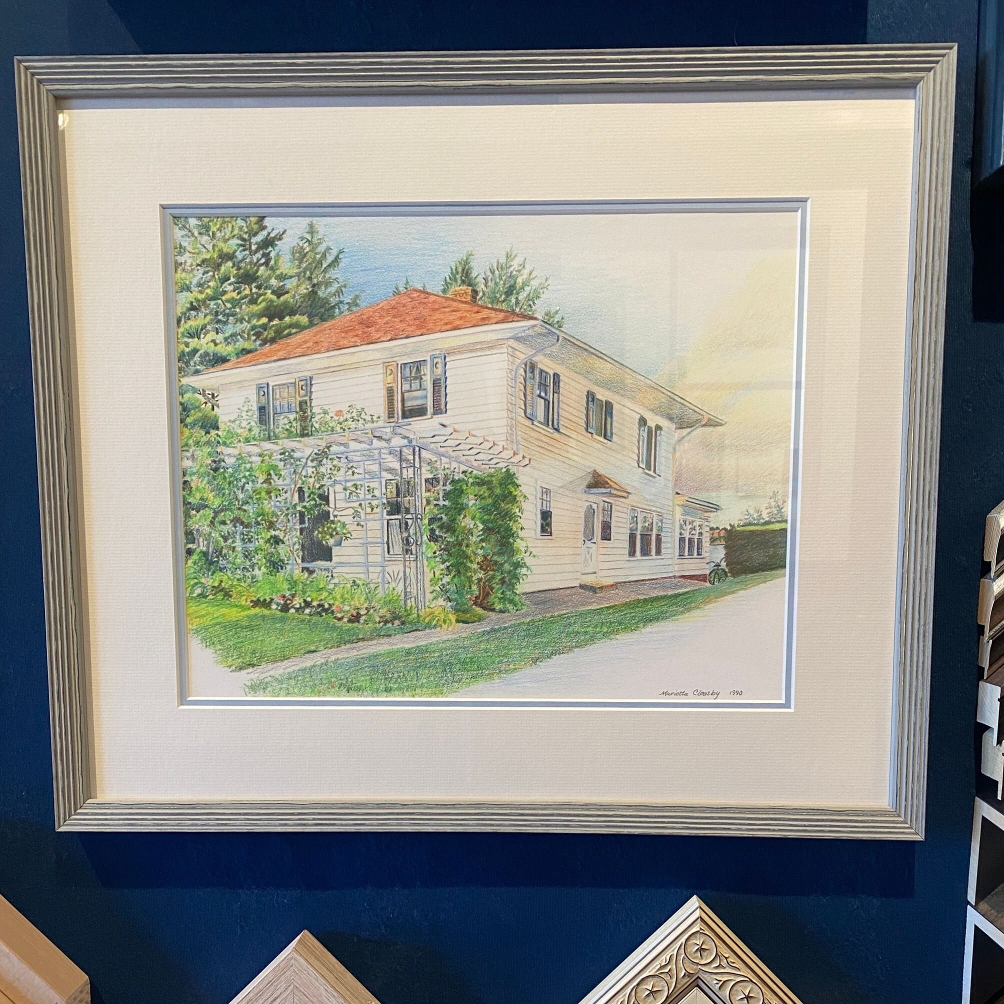 A grandparents home, filled with memories, is preserved in this lovely painting.  Double matting of ecru and soft blue accent the details and the frame is the perfect choice to blend with the home. 
@srichamber  #finishingtouchesri #wakefieldframer #