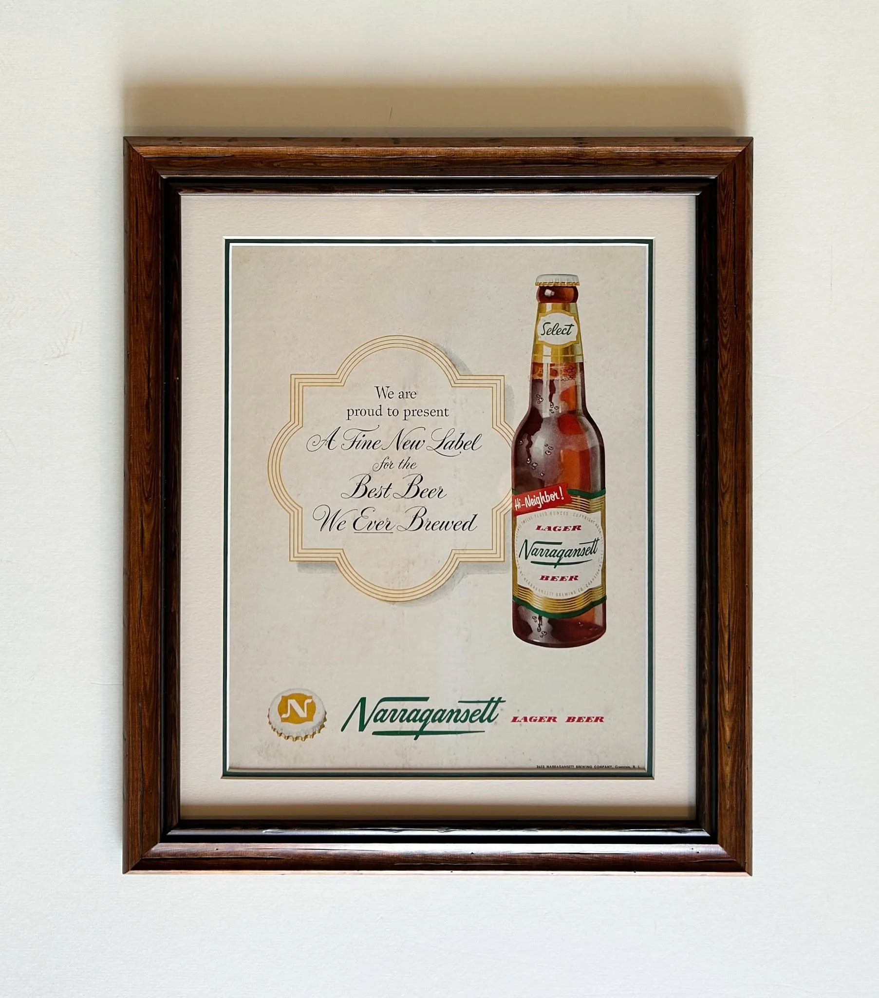 Hi Neighbor! We loved seeing a vintage ad for this Rhode Island icon. The frame we chose has a classic design that matches the warm tones of the bottle, and makes the whole piece feel like it belongs together. A little piece of Ocean State history!

