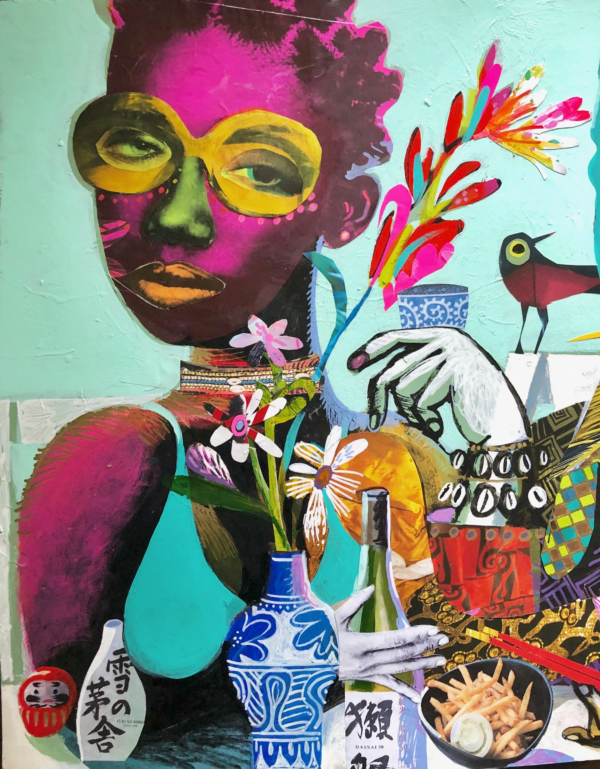   Skip Hill     Love Garden Party (Fuchsia &amp; Fiona, Whispers)    Detailed view of mixed-medium painting on Bristol paper stock. High quality acrylics paint, opaque, metallic and neon inks, hand-cut collage, satin varnish on 24"h x 18"h on Strathm