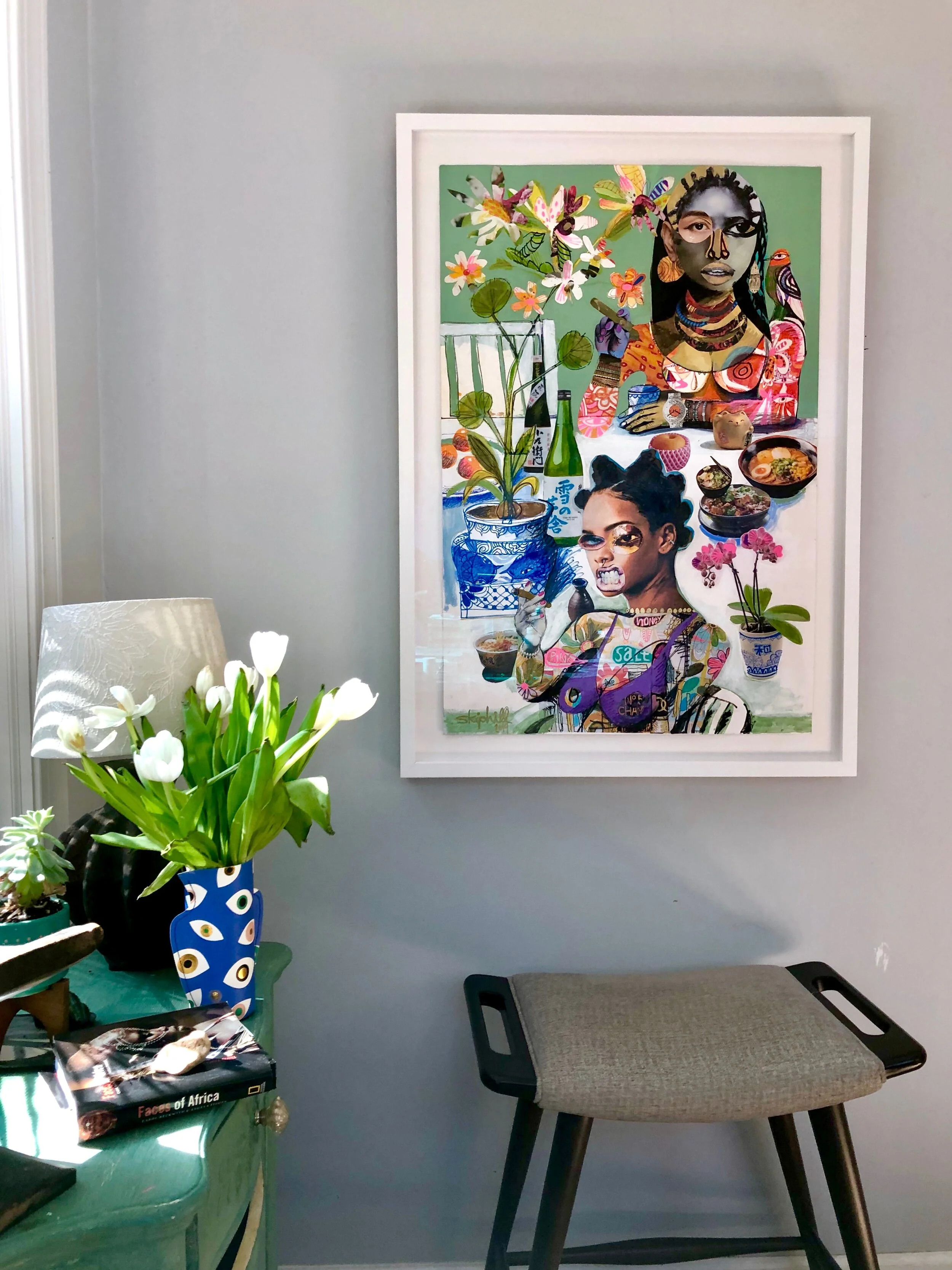  Skip Hill   Love Garden Party  (Picnic #3) 2019      Studio view. Mixed-medium painting, high quality acrylics, paint pens, opaque, metallic  neon inks, hand cut collage on 24"w x 36"h. coated paper stock. This artwork is framed (41.5”h x 29.5”w) wi