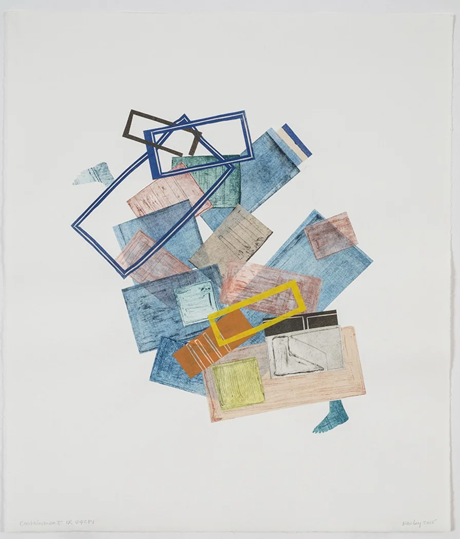 Leslie Kerby, “Containment IR U42P1”, monoprint collage w etching and linocut (unique) 2015