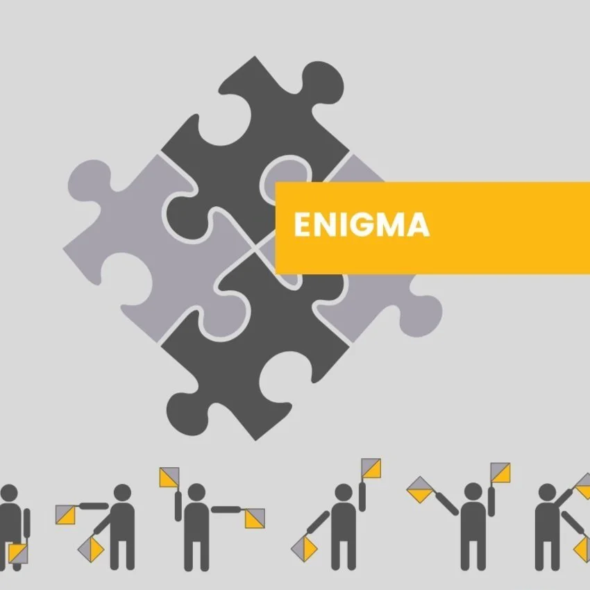 Enigma word over jigsaw puzzel pieces with 4 stickmen holding flags in semaphore formation