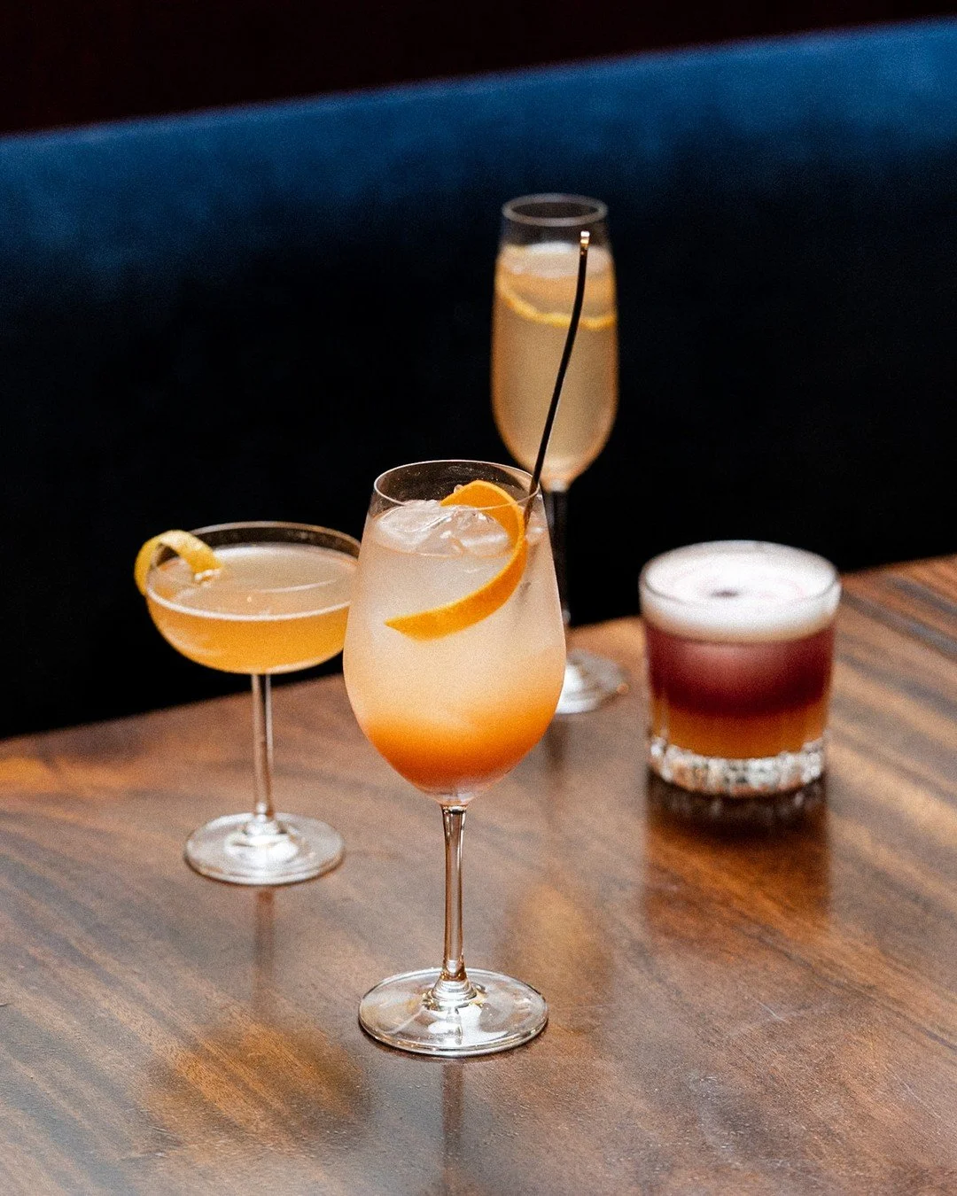 Six house cocktails, each one built around French spirits and techniques. The Moroccan Tease with green Chartreuse, the 75K with Chambord and sparkling wine, the Paris Sour with its red wine float.⁠
⁠
We also have a full menu of classic cocktails ava