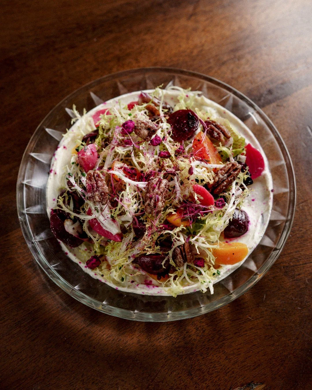 Salade de Betterave | grilled radicchio, baby bets, fris&eacute;e &amp; gem lettuce, verjus, candied pecan⁠
⁠
Sweet roasted beets against bitter grilled radicchio. It's a classic pairing that works because the flavours don't try to compete, they just