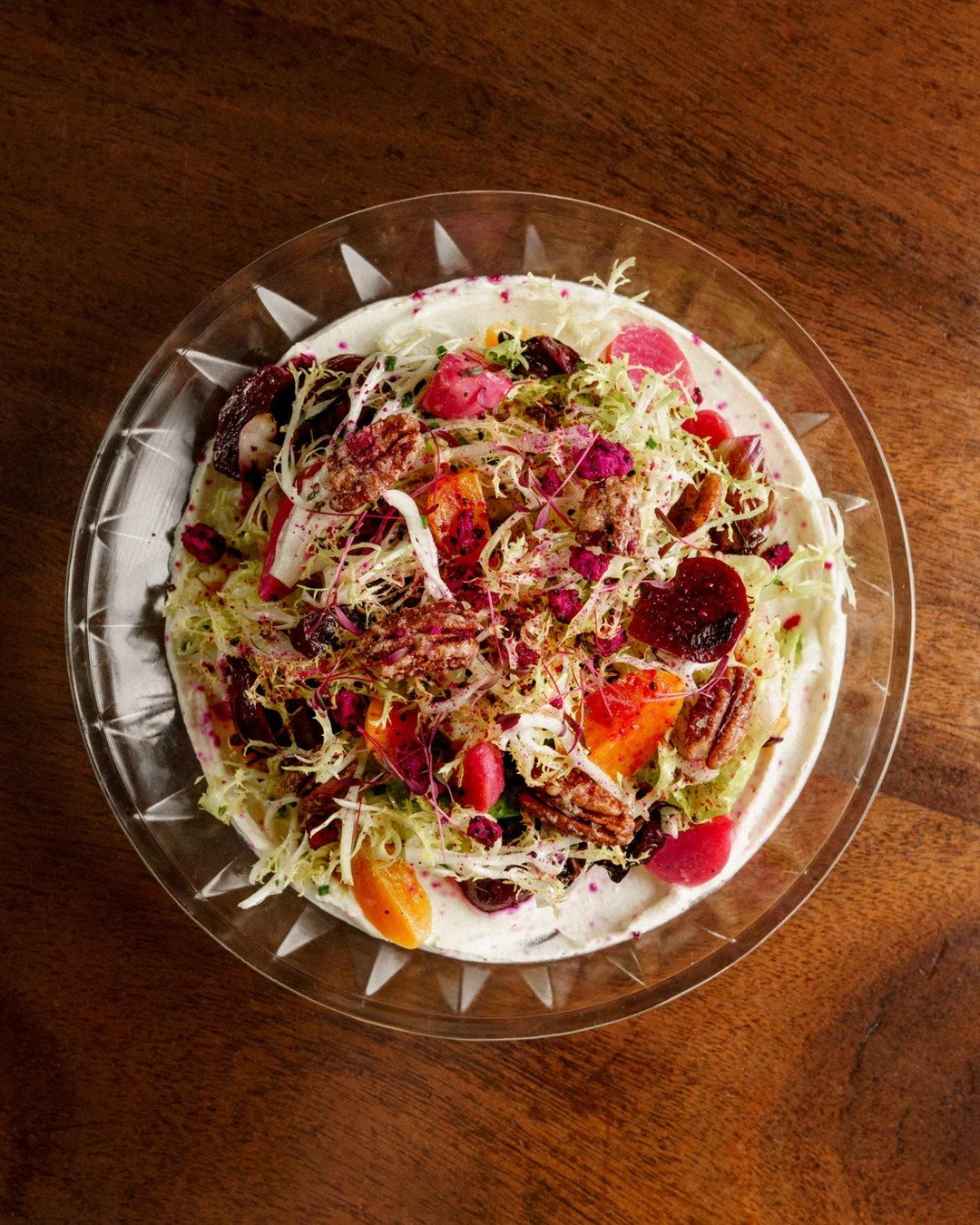 Salade de Betterave | grilled radicchio, baby beets, fris&eacute;e &amp; gem lettuce, verjus, candied pecan⁠
⠀⁠
Grilled radicchio brings bitterness, baby beets add sweetness, fris&eacute;e and gem lettuce keep it crisp. Verjus for acidity, candied pe