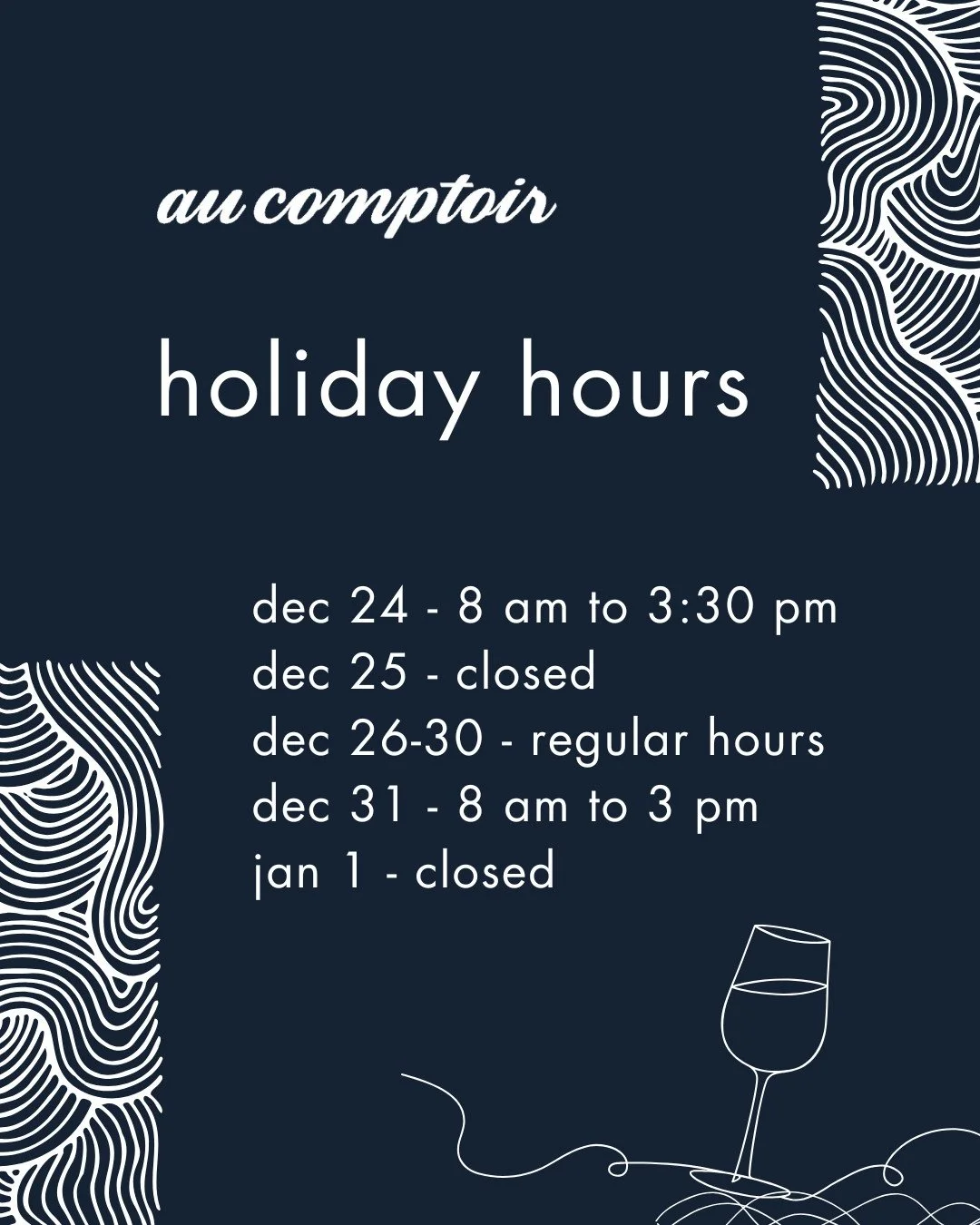 Our holiday hours for 2025. We hope to see you before the new year!⁠
⁠
Note: on Dec 31, we'll be closing at 3 pm to prepare for our New Year's Eve dinner. Limited spots are booking up fast, head to OpenTable to reserve your spot.⁠
⁠
&Agrave; bient&oc