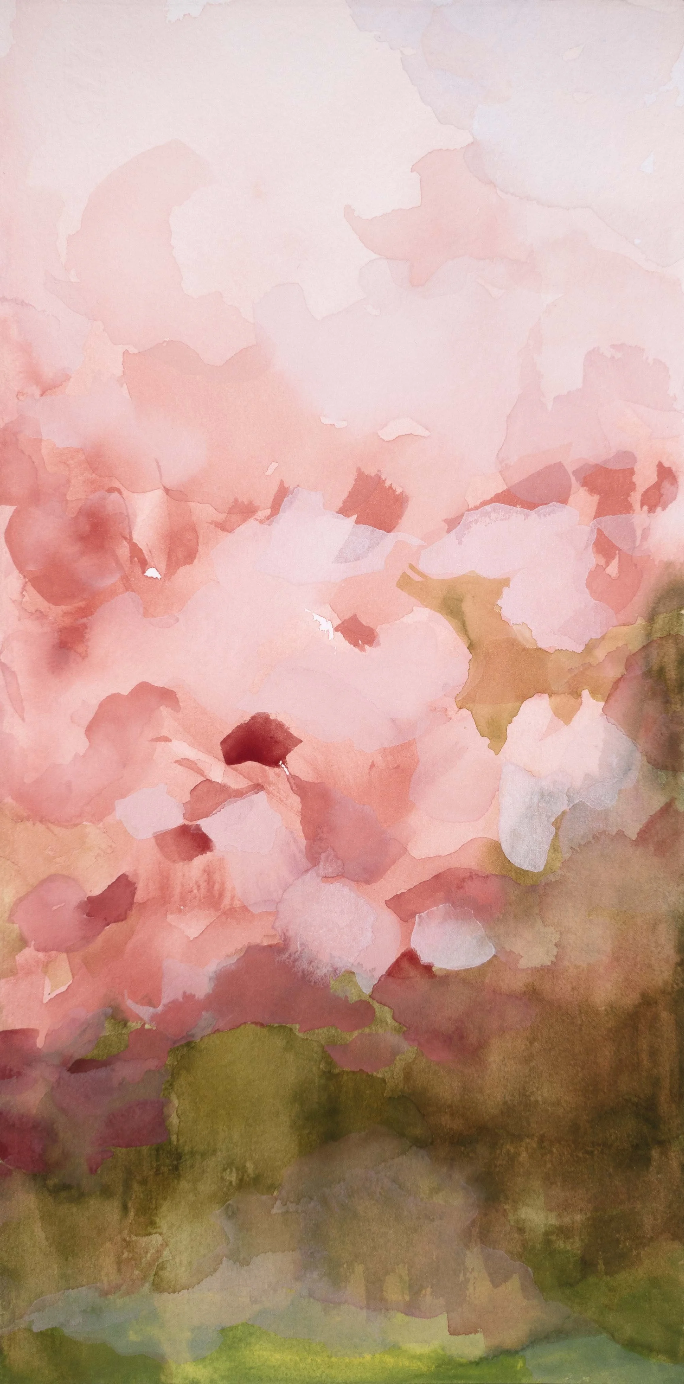   Apple Blossoms Floating, II, (Flytande äppelblommor, II),  2025 ,  Gouache, 15” x 7”,  38cm x 18cm 