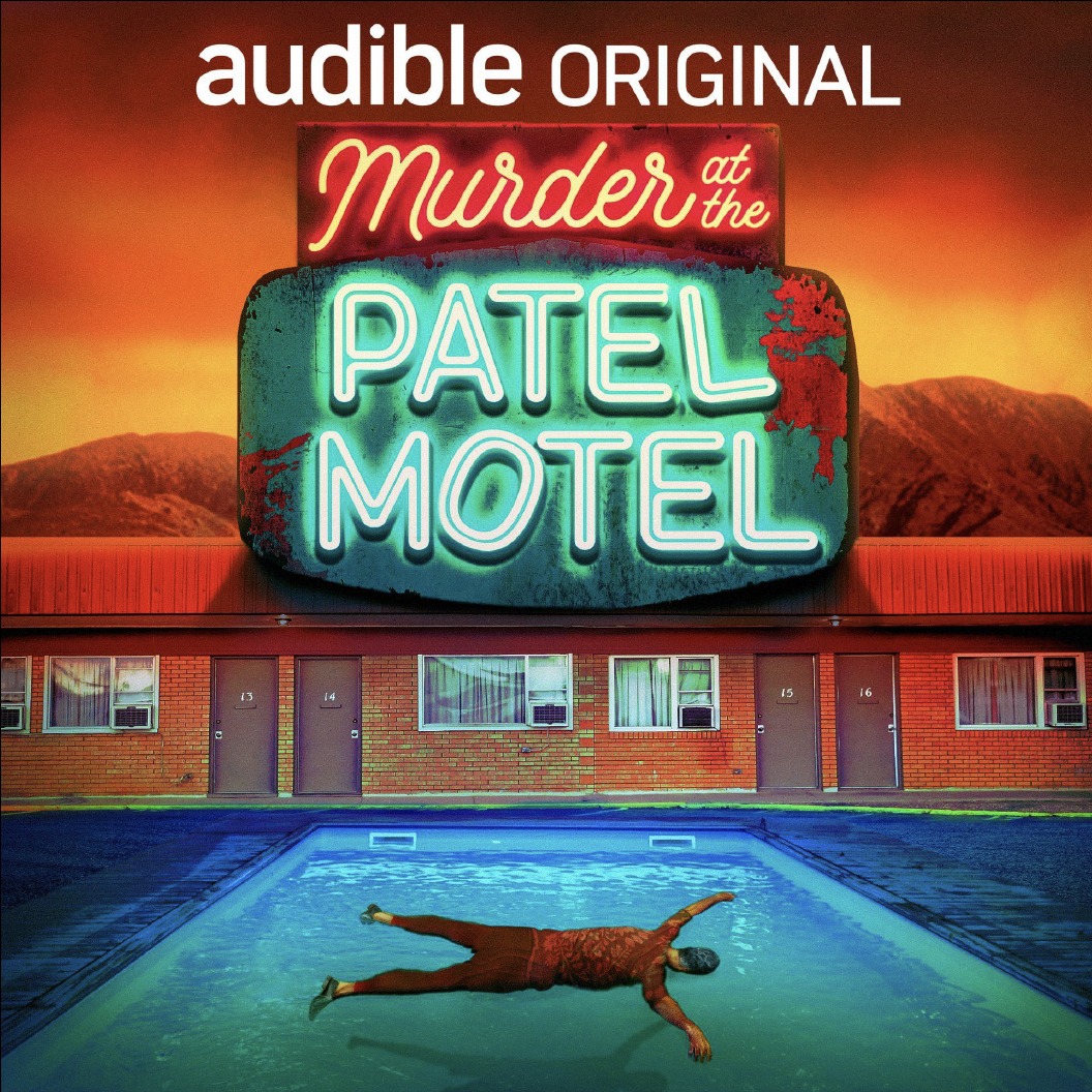 Audible Original's Murder at the Patel Motel Cover Art featuring a man face down in a motel swimming pool