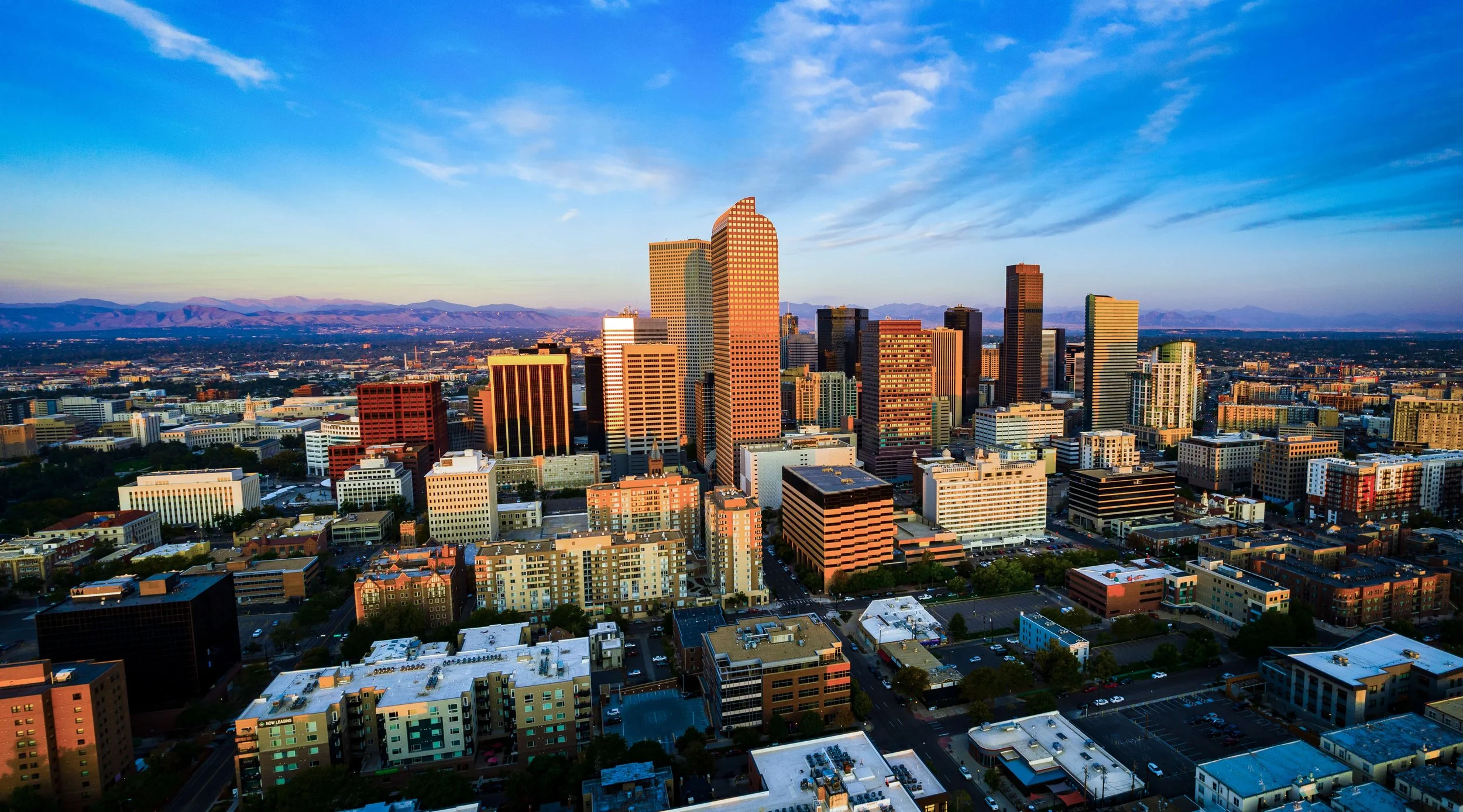 An Ariel picture of the downtown Denver Colorado skyline.