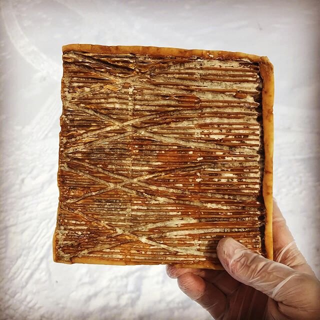 It's snowleggio! Enjoying how the pattern of our Americano cheese mimics fresh tire marks in snow. Venture out into the winter weather and reward yourself with a wedge - @thevillagetc from 10-2 today! #taleggio #artisancheese #artisanalcheese #cheese