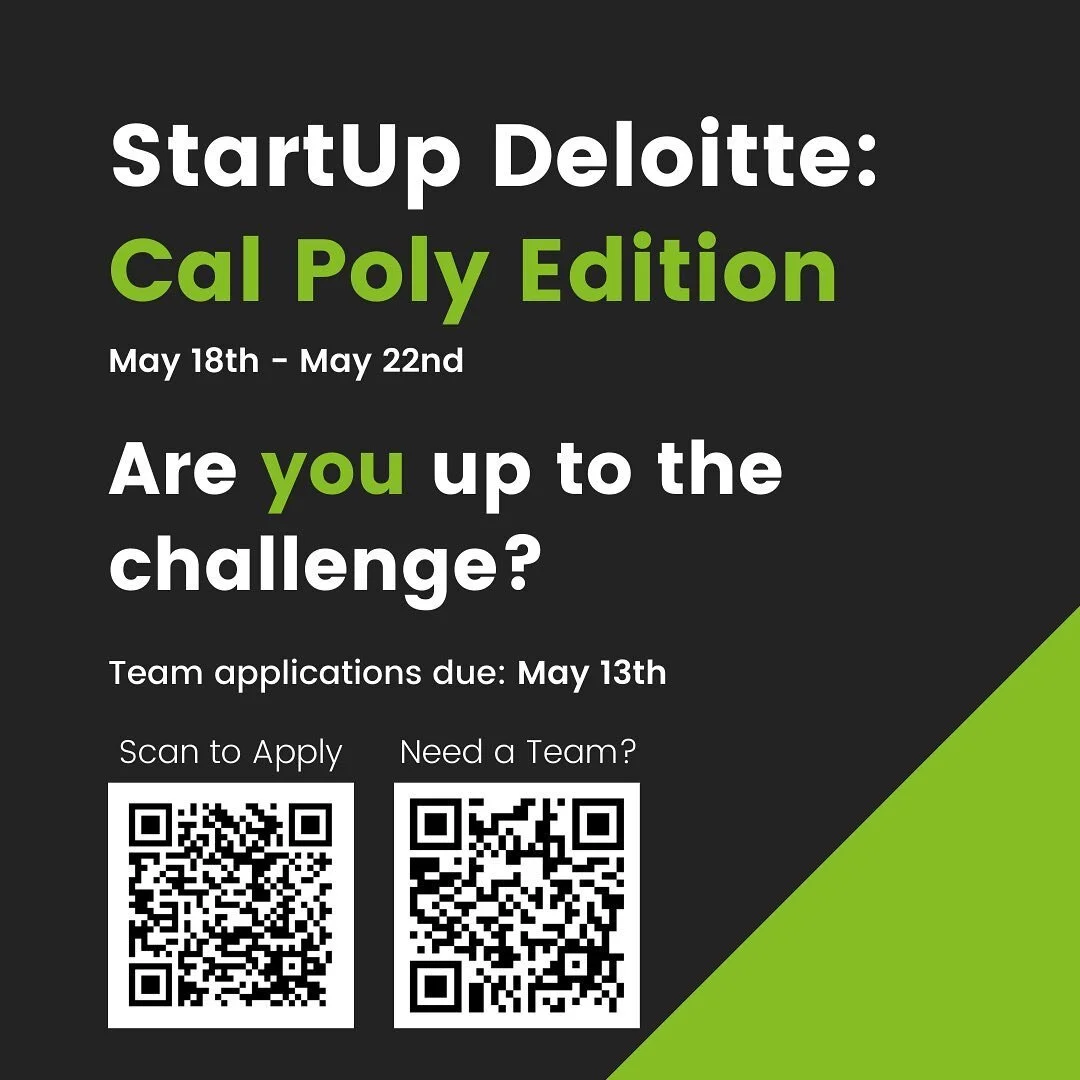 StartUp Deloitte: Cal Poly Edition is an Innovation Competition in which clubs form a team of 4-6 that will propose a technology related improvement, solution, or new opportunity for Cal Poly!