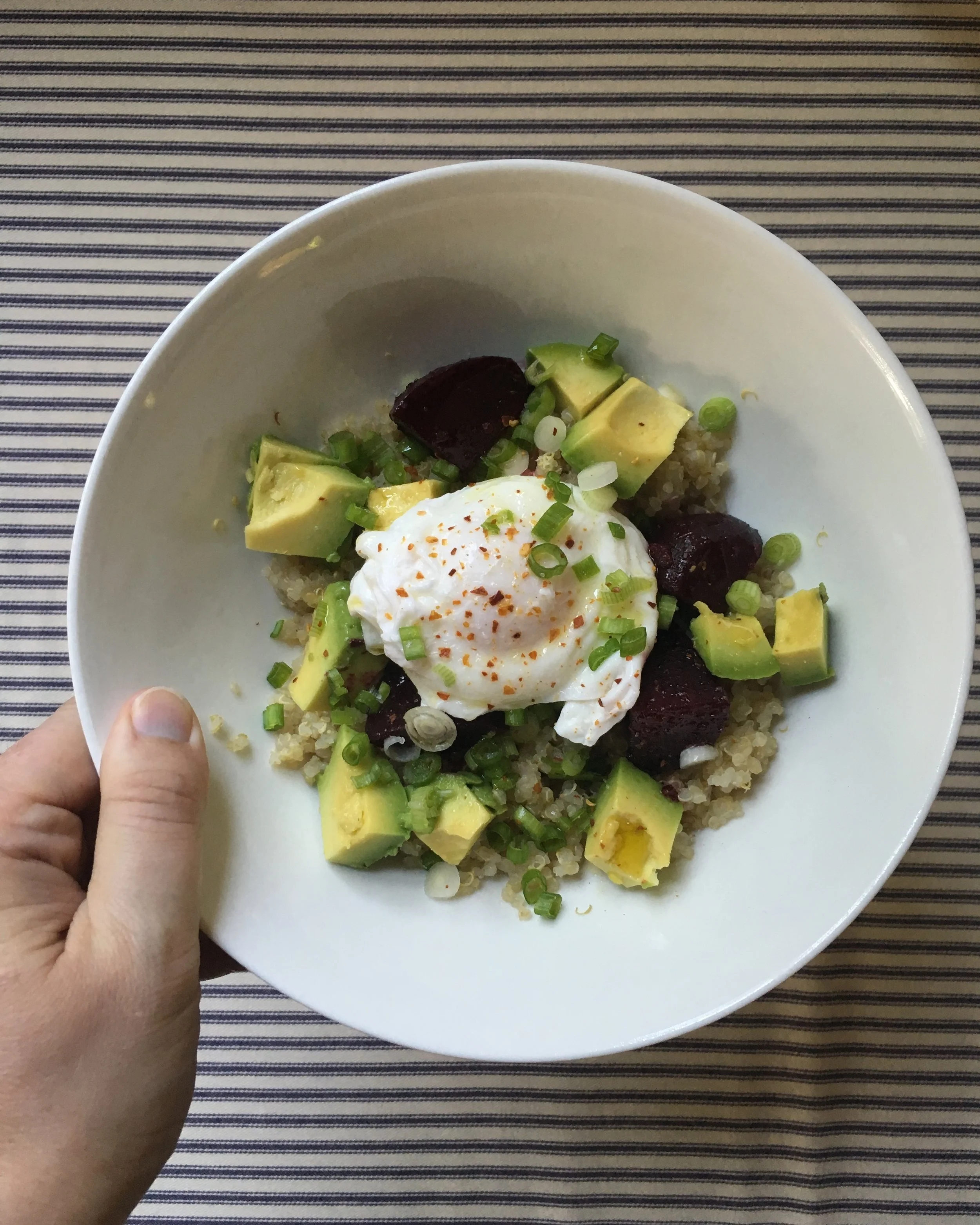 Quinoa Bowl with Glazed Beets, Avocado and Soft Poached Egg