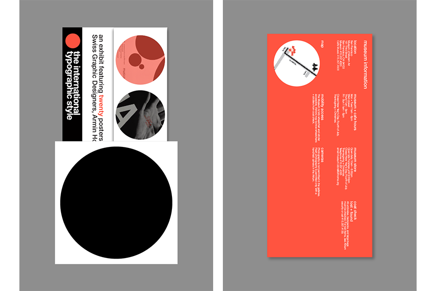 I wanted a more playful fold than a typical tri or half fold for the brochure. I created a double parallel fold with different widths, and I designed the elements around the folds. The front of the brochure gives a teaser of the exhibit, and as you continue to unfold the document more and more information is revealed.