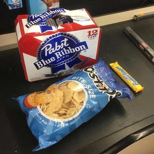 it's boozy wednesday, so here we go with a little insight into how our shopping looked. pbr and a butterfinger is a fine pairing, wouldn't you agree @lizzieamunro ??