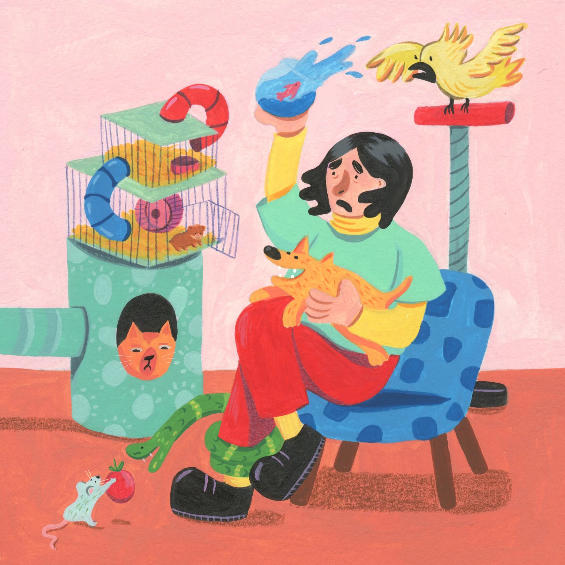 A woman sitting in a blue polka dot armchair with a distressed expression, holding a small orange dog. In front of her, a mouse is tugging at a red object. To her left, a green pipe with a cat's face on it releases a cardboard tree with multiple cage
