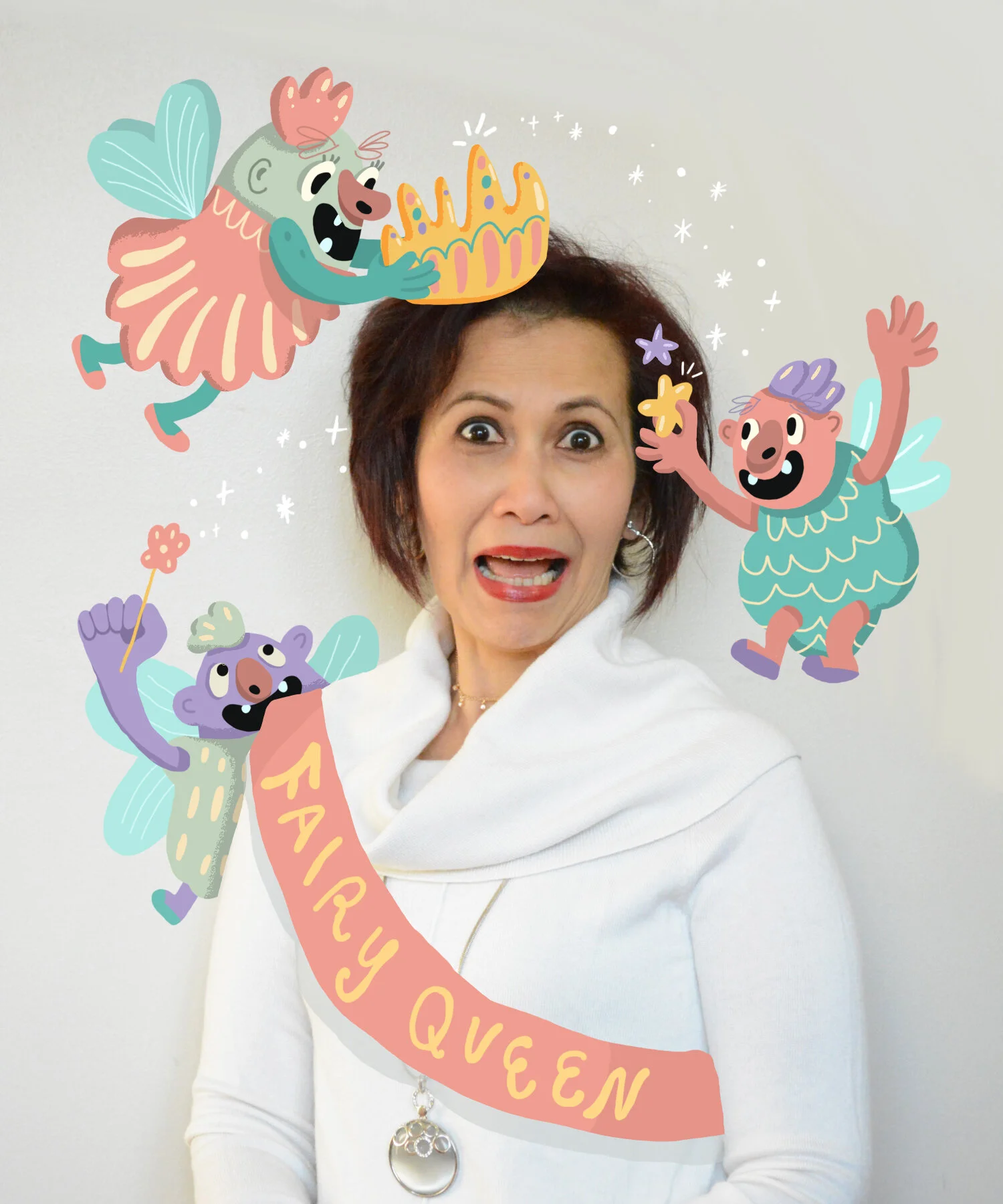 A woman in white with a surprised expression, surrounded by colorful cartoon fairies and insects, with a pink ribbon banner reading 'Fairy Queen'.