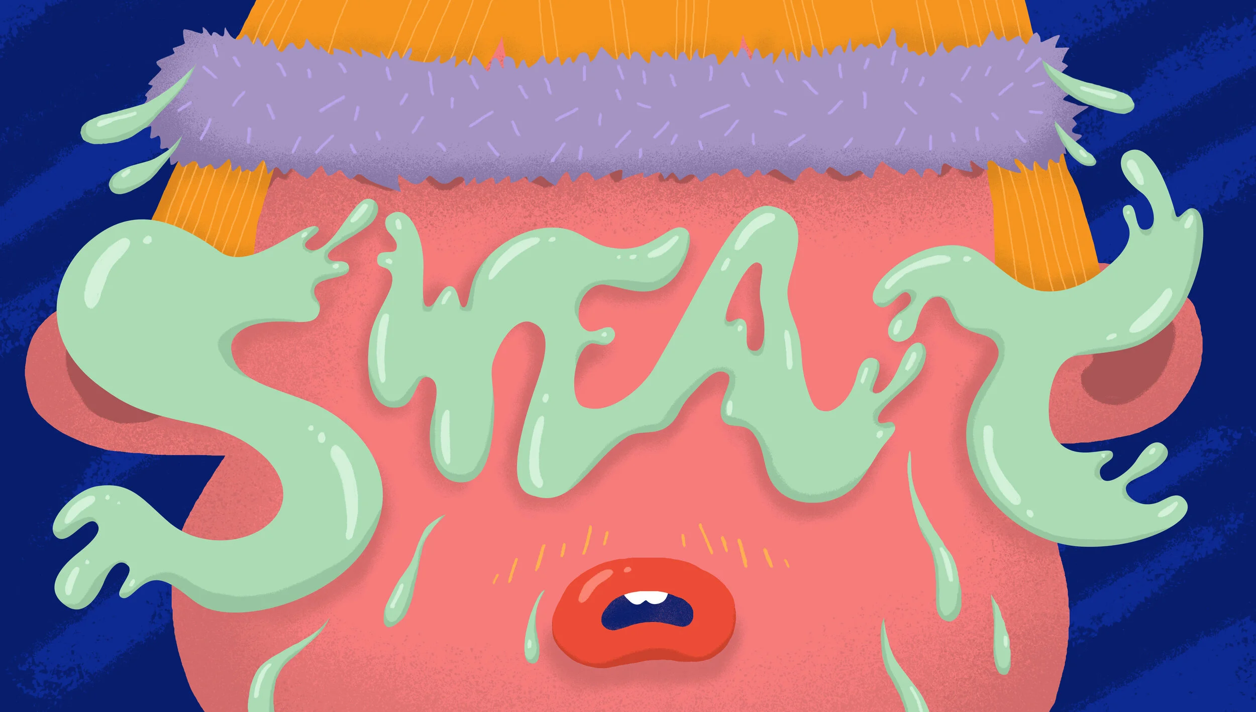 A cartoon depiction of a face with the word 'STAYAT' formed by green goo over the eyes, a red nose, and a frightened or distressed expression.