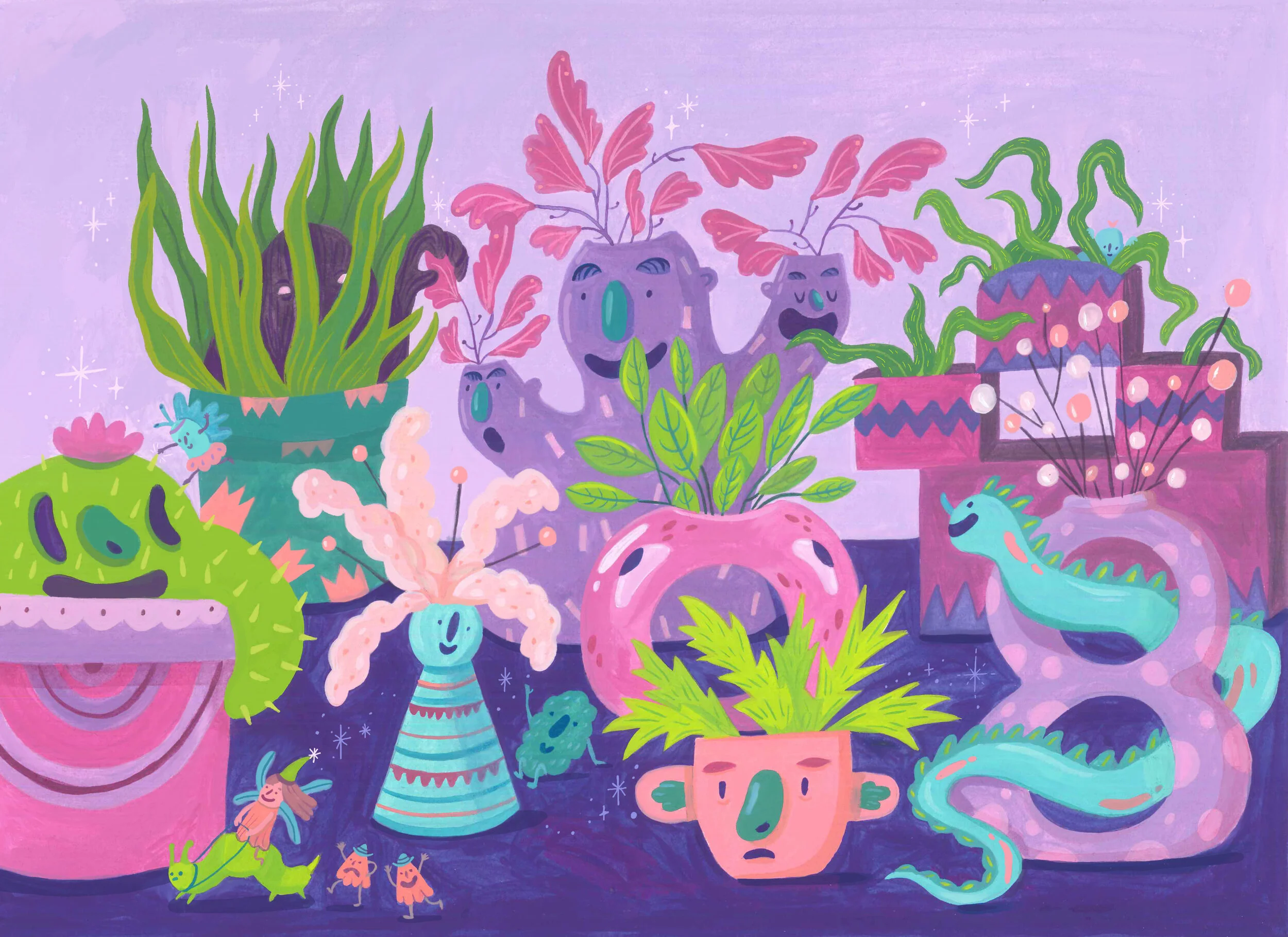 Colorful illustration of various whimsical potted plants and creatures, including smiling faces on the pots, a snake-like creature, and small fairy-like beings, set against a purple background.